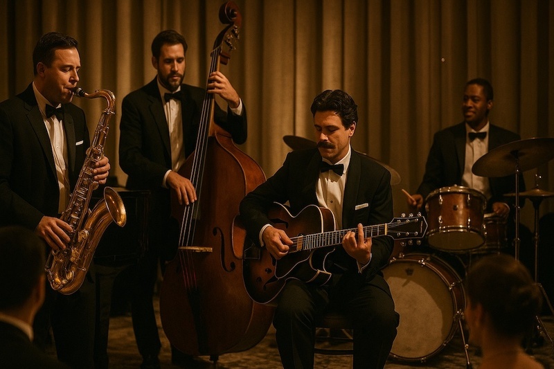 Jazz big band horns and rhythm section on stage