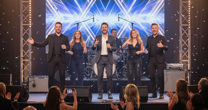 A cappella and vocal group performing with microphones on stage