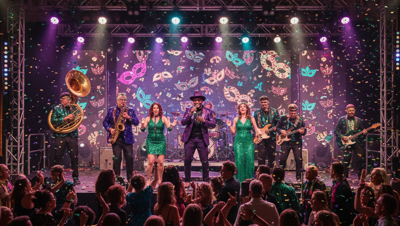 New Orleans style brass band and Mardi Gras performers in parade