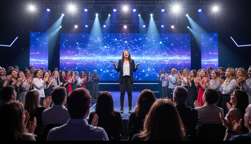 Corporate keynote speaker on stage with audience at conference