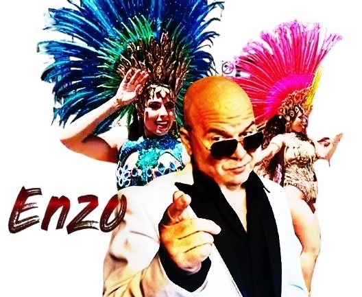 Pitbull Enzo tribute artist performing in suit and sunglasses