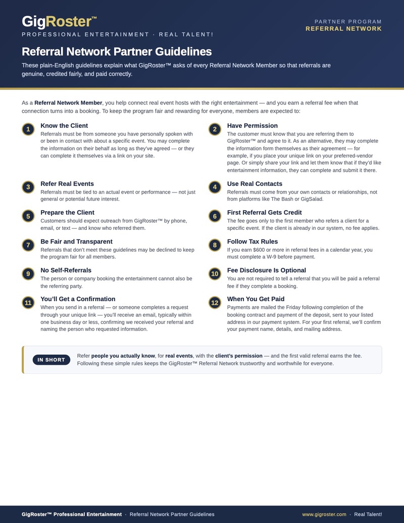 GigRoster Referral Network Terms