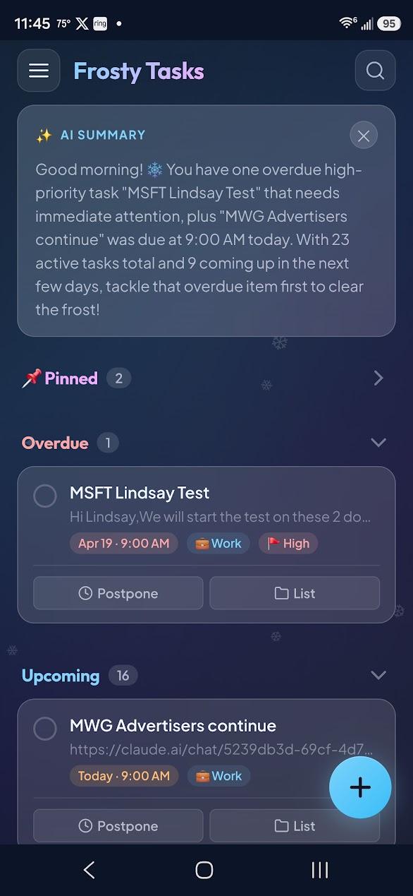 Frosty Tasks iPhone app showing AI-powered task list with frosted glass design