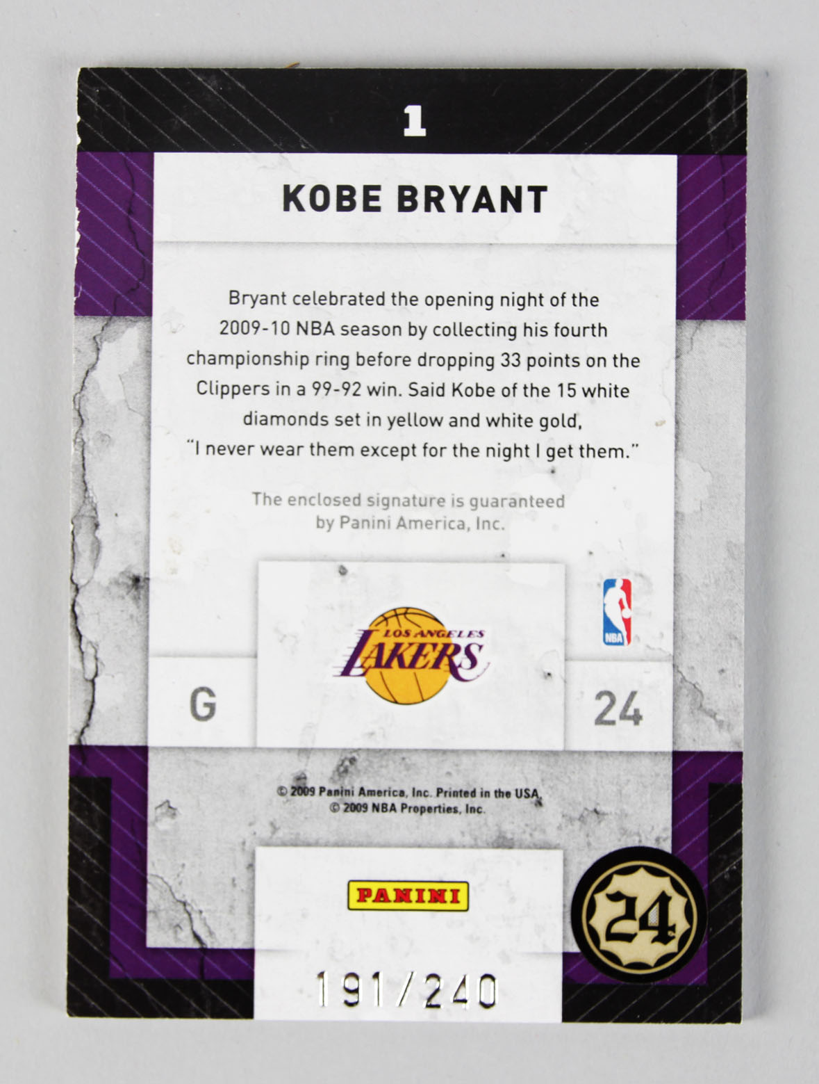 2009 Panini Threads Lakers Kobe Bryant Signed Auto Full Name Letter