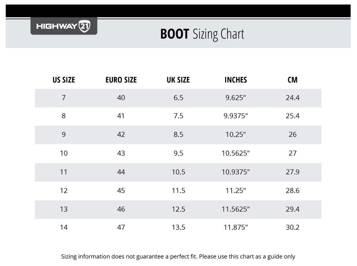 Motorcycle Boot Size Chart