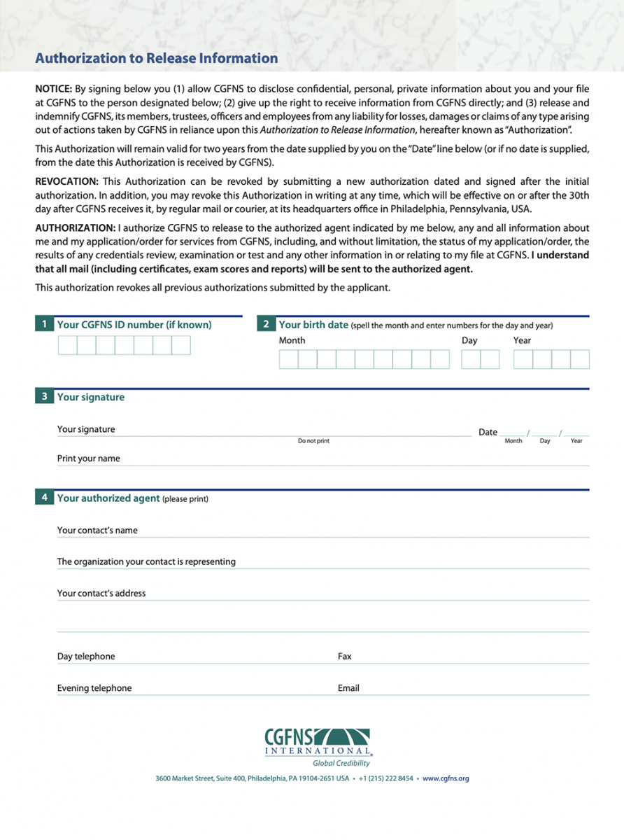 CGFNS Authorization to Release Information form