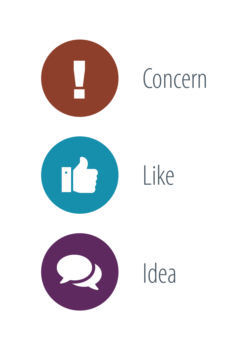 List of three icon options: an icon of an exclamation point to denote a concern, an icon of a hand doing thumbs up motion to denote a like, and an icon of speech bubbles to denote an idea.