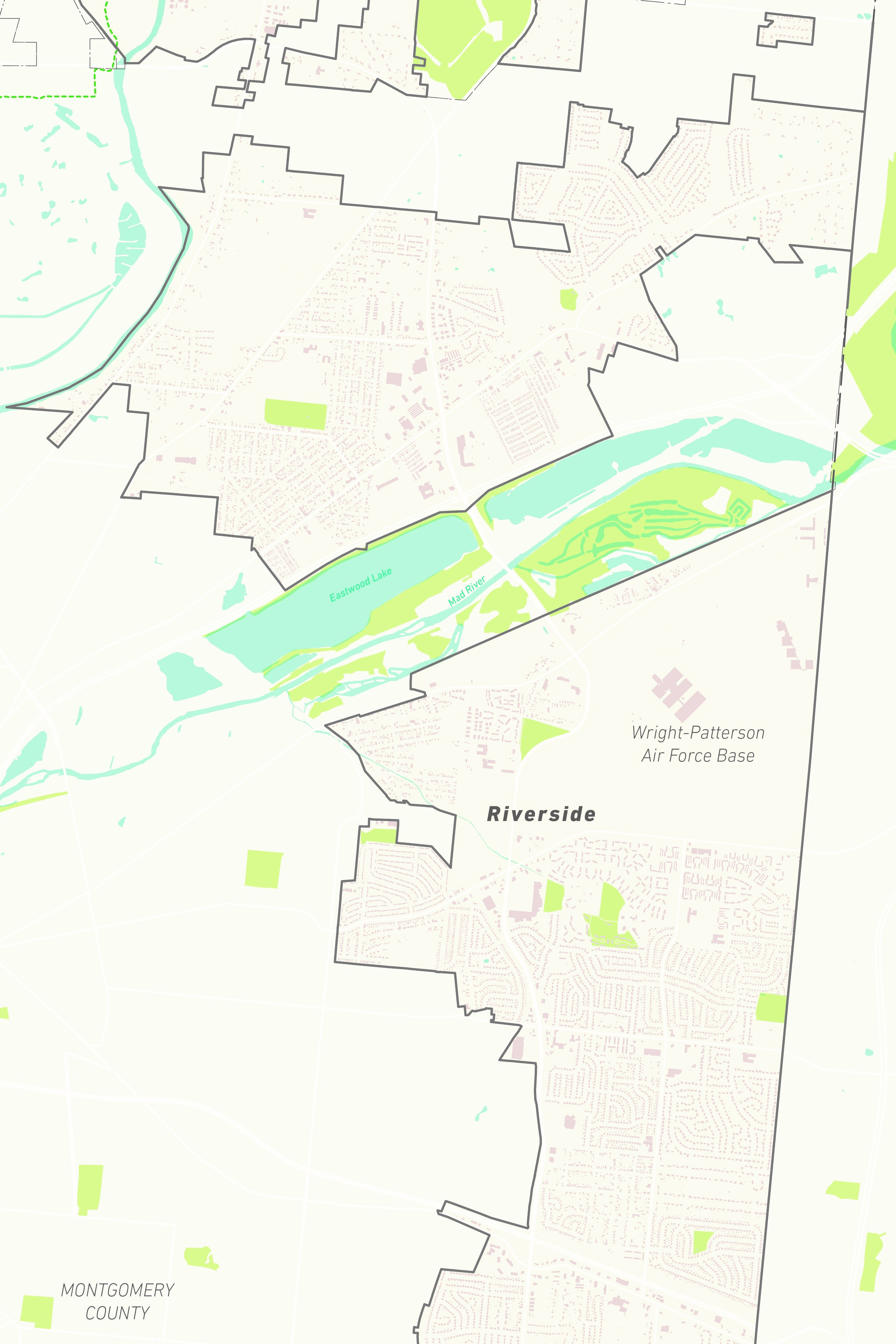 Map showing the city boundary of Riverside, Ohio with streets and building footprints.