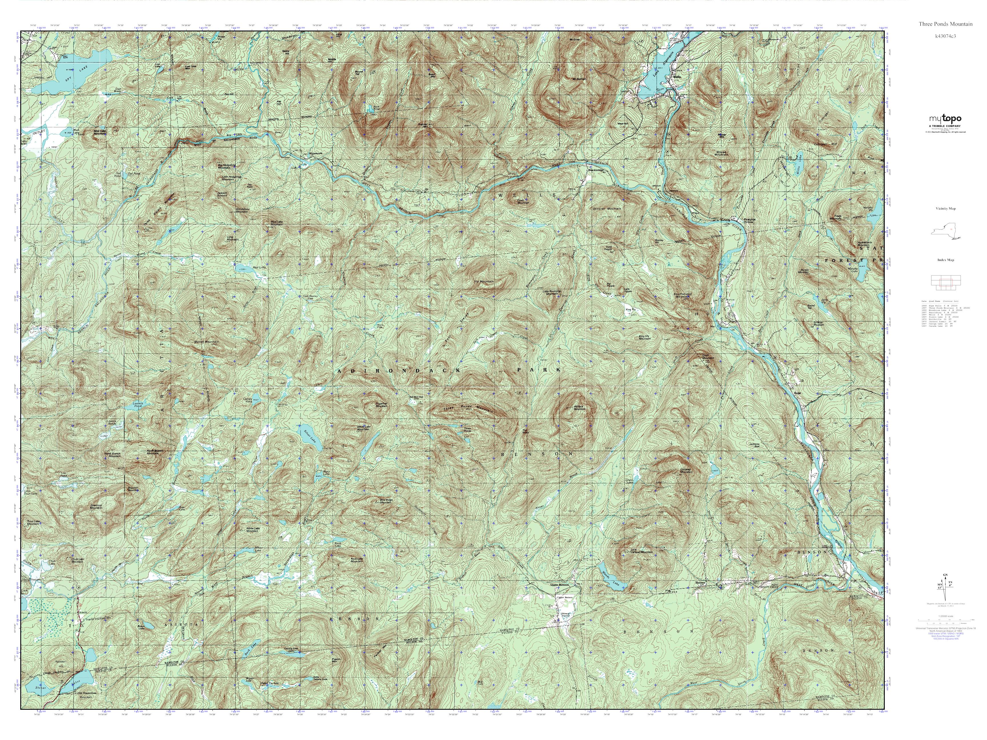 MyTopo Three Ponds Mountain, New York USGS Quad Topo Map