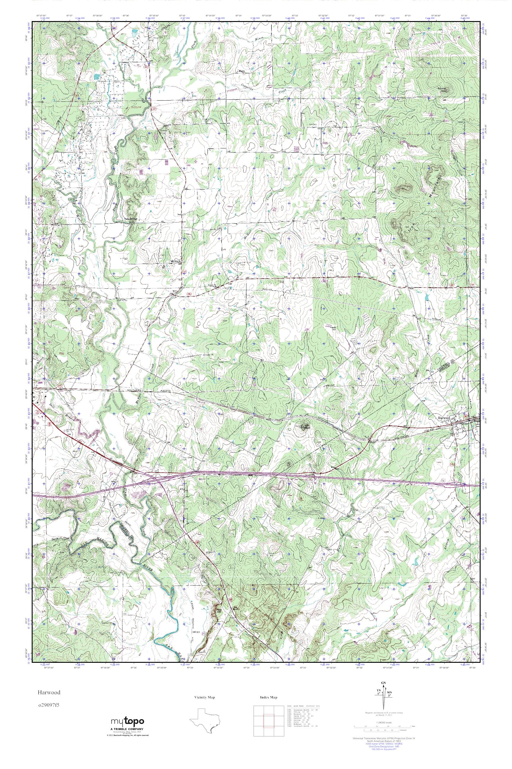 MyTopo Harwood, Texas USGS Quad Topo Map
