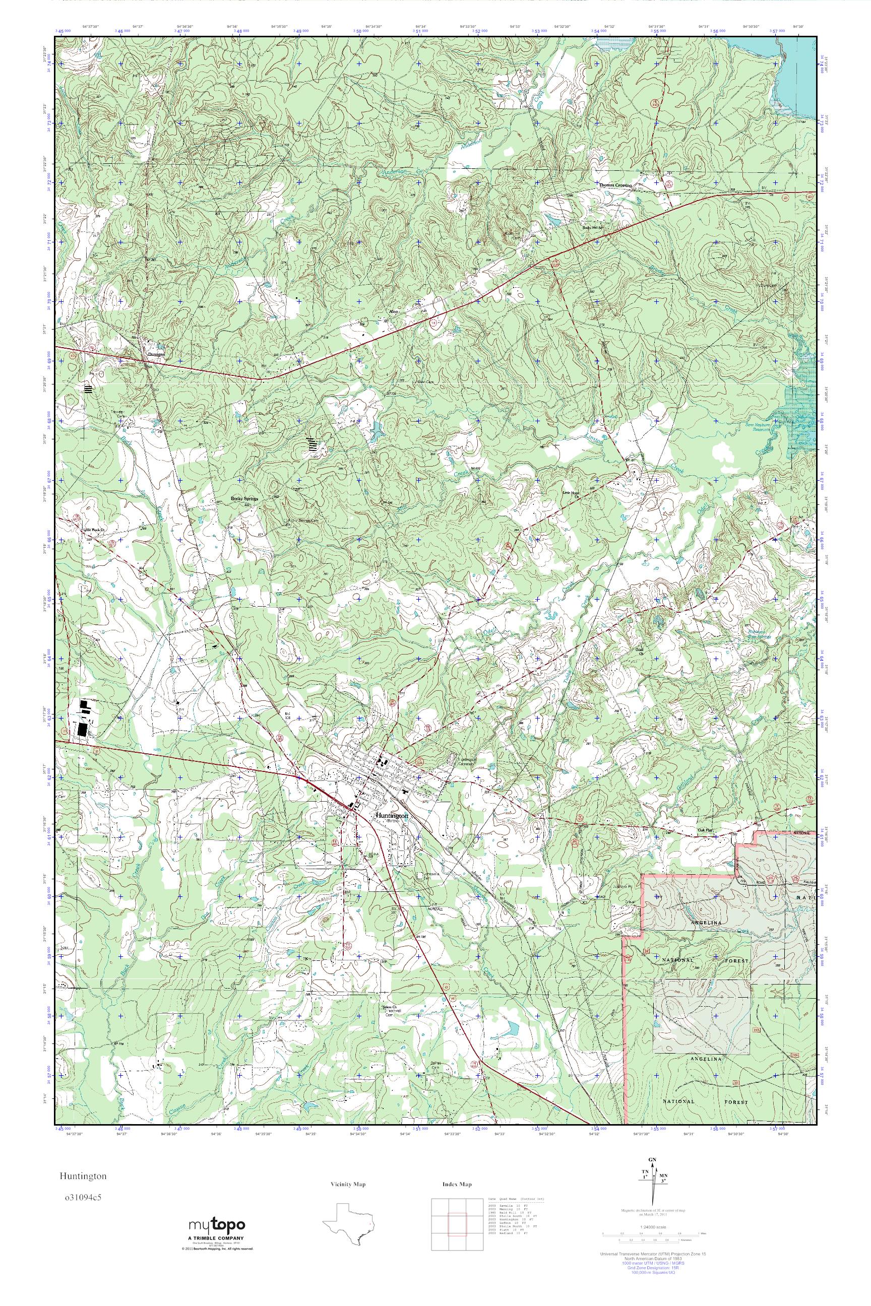 MyTopo Huntington, Texas USGS Quad Topo Map