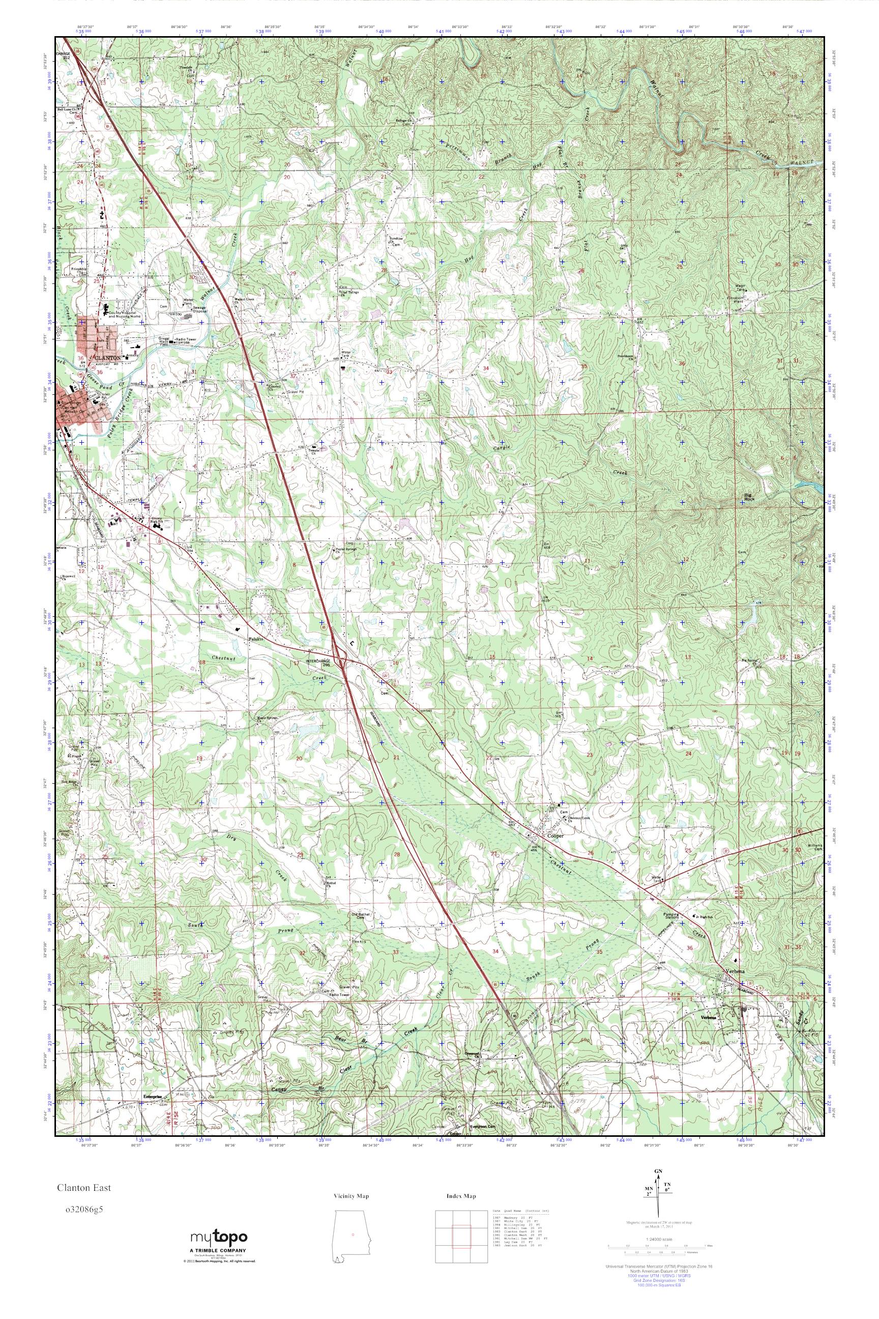 MyTopo Clanton East, Alabama USGS Quad Topo Map