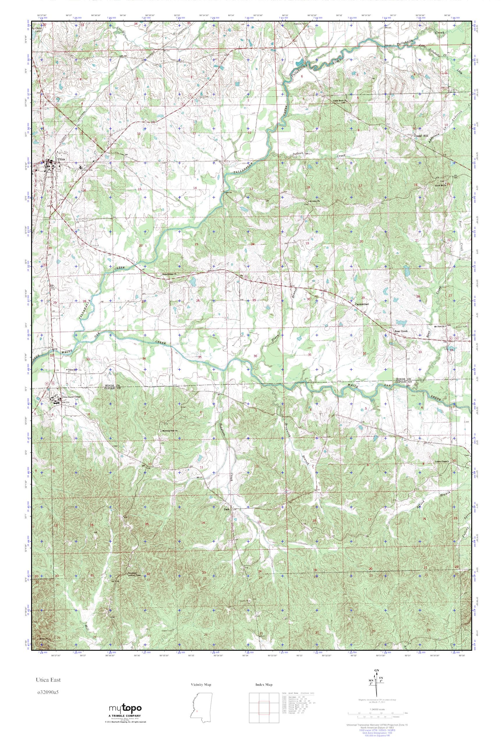 MyTopo Utica East, Mississippi USGS Quad Topo Map