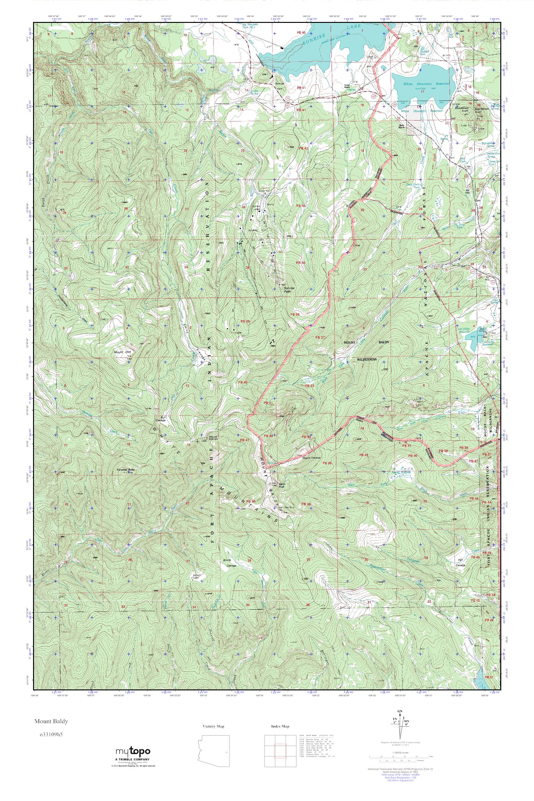 MyTopo Mount Baldy, Arizona USGS Quad Topo Map