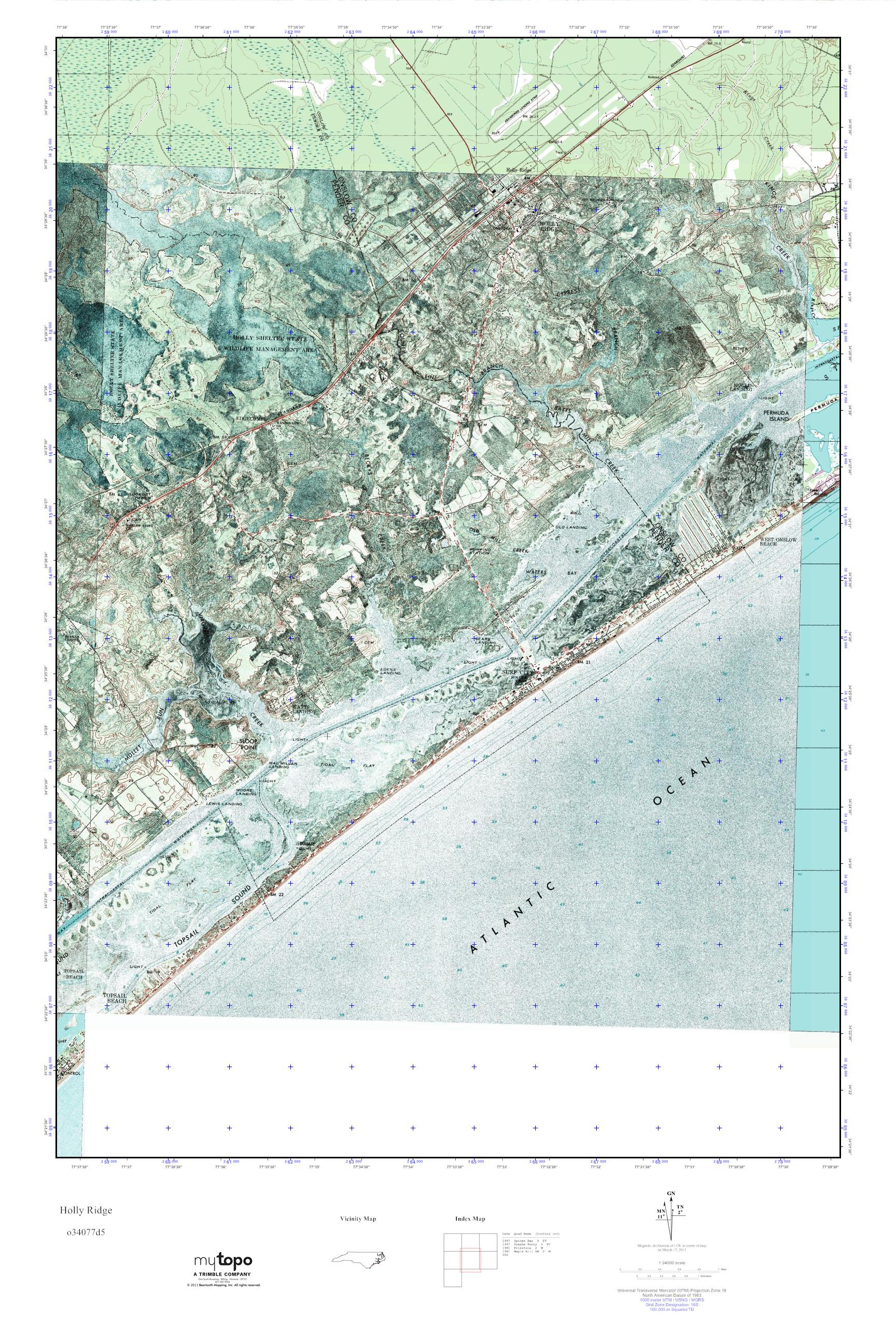 MyTopo Holly Ridge, North Carolina USGS Quad Topo Map