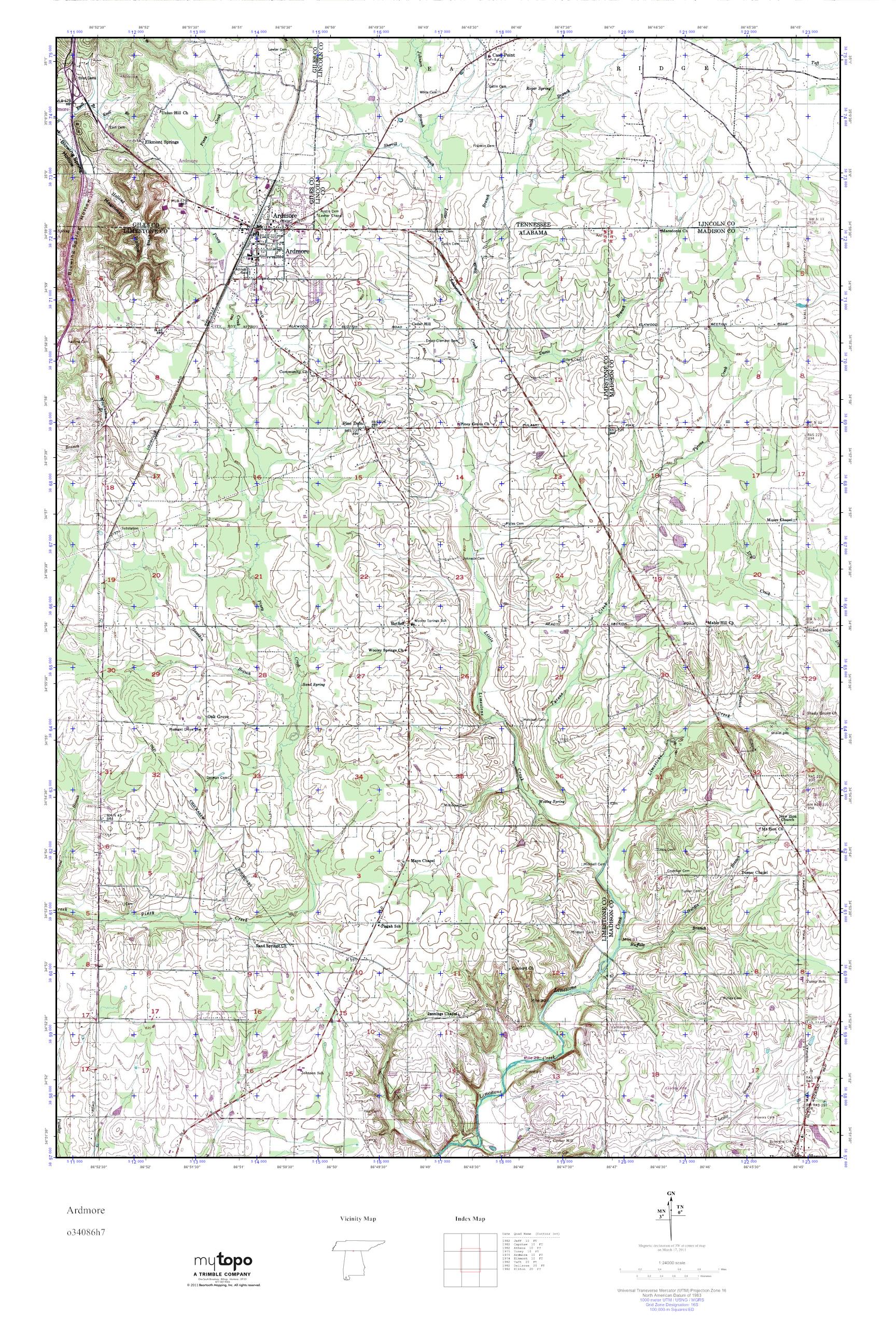MyTopo Ardmore, Tennessee USGS Quad Topo Map