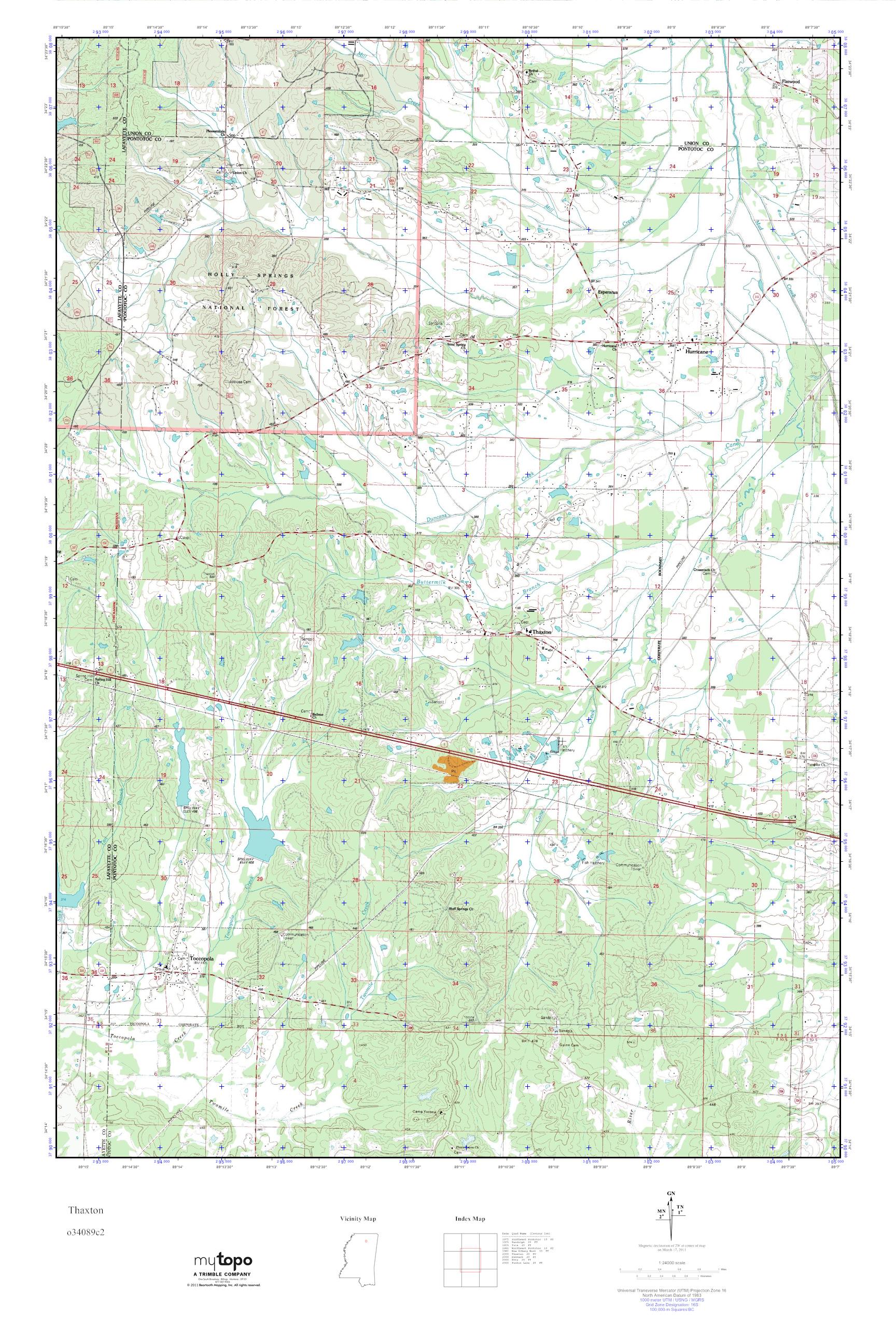 MyTopo Thaxton, Mississippi USGS Quad Topo Map