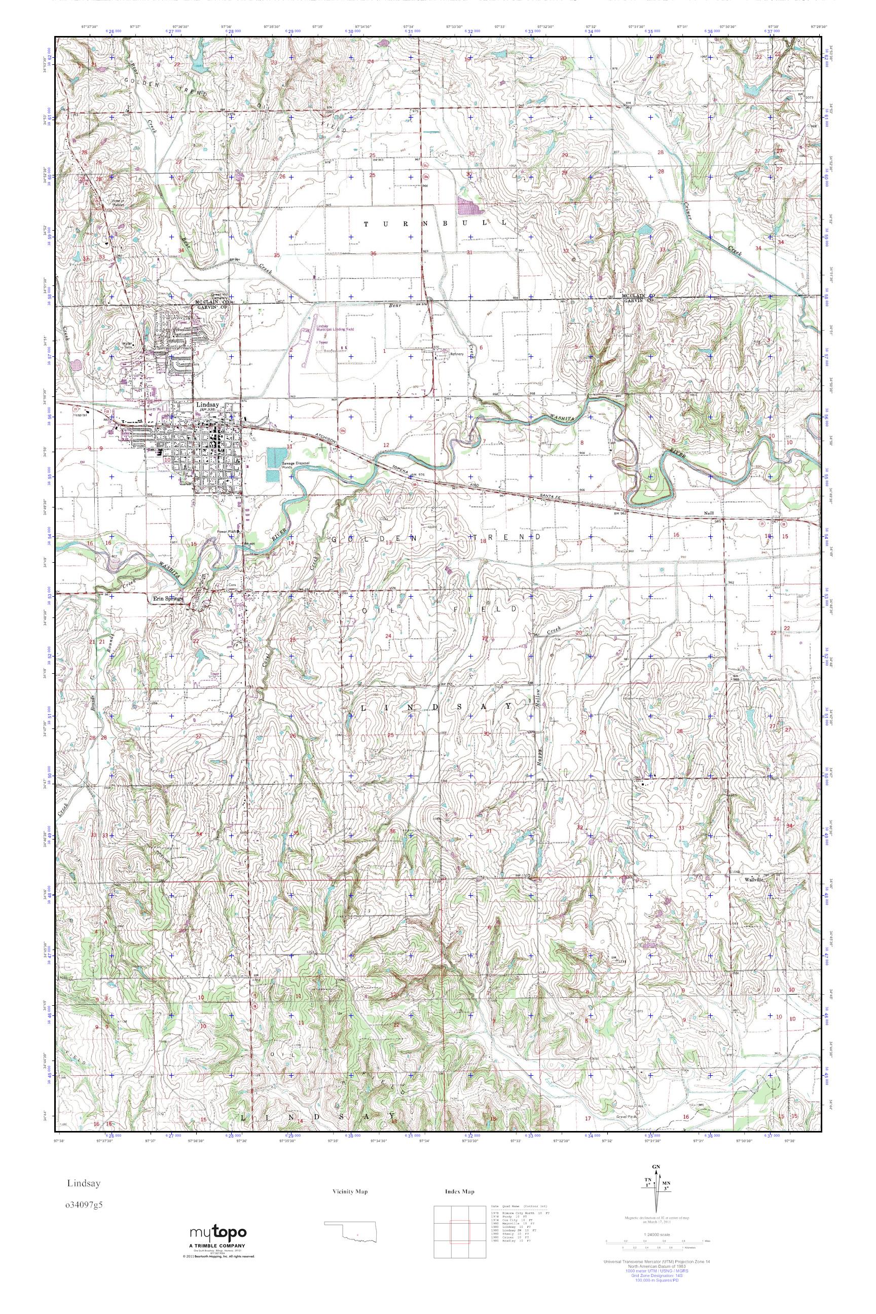 MyTopo Lindsay, Oklahoma USGS Quad Topo Map