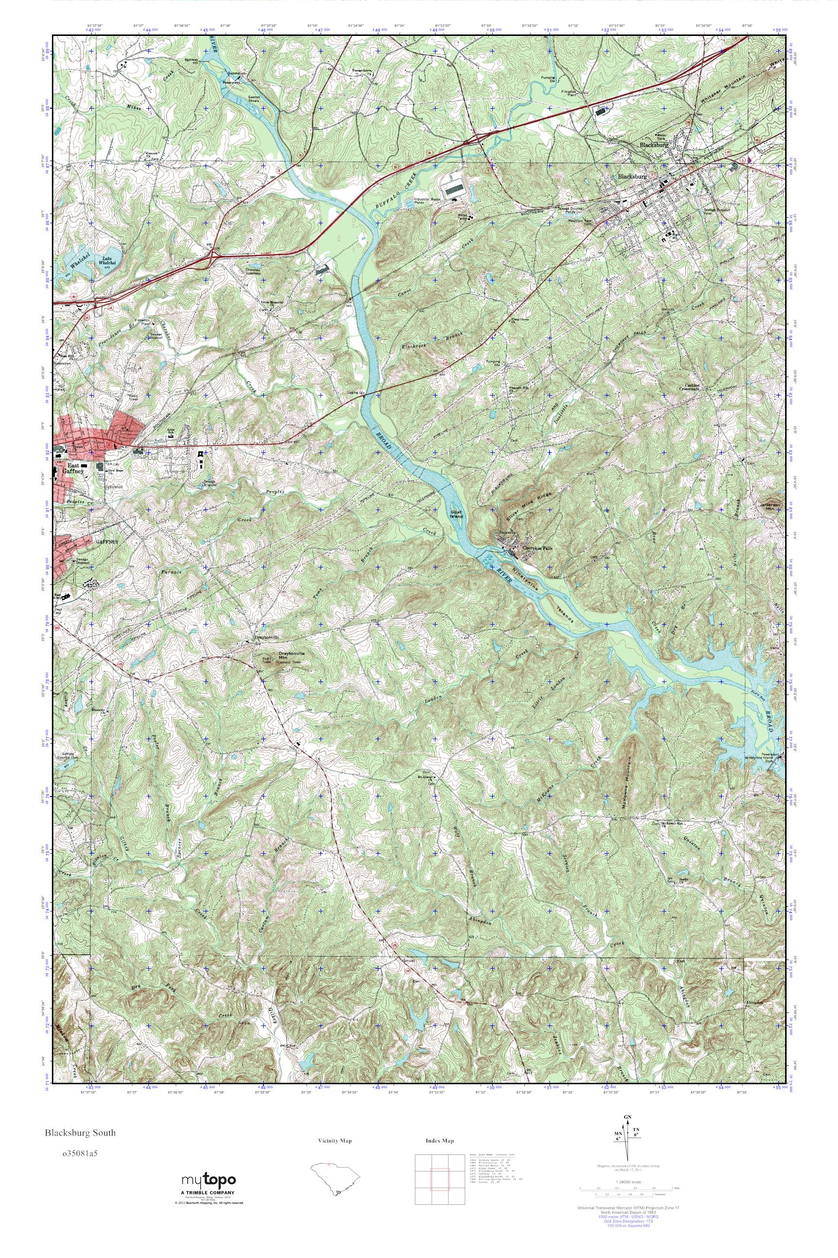MyTopo Blacksburg South, South Carolina USGS Quad Topo Map