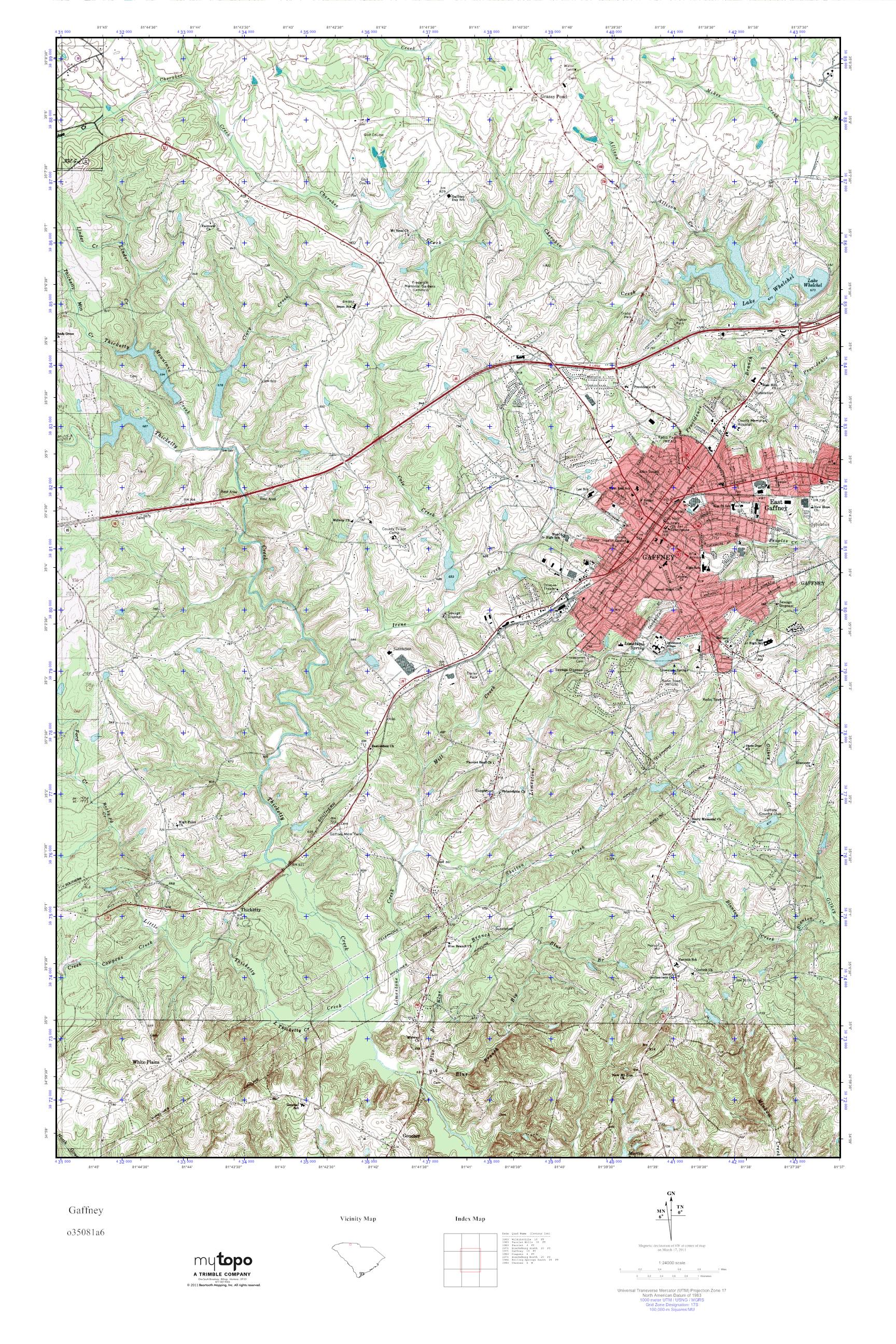 MyTopo Gaffney, South Carolina USGS Quad Topo Map