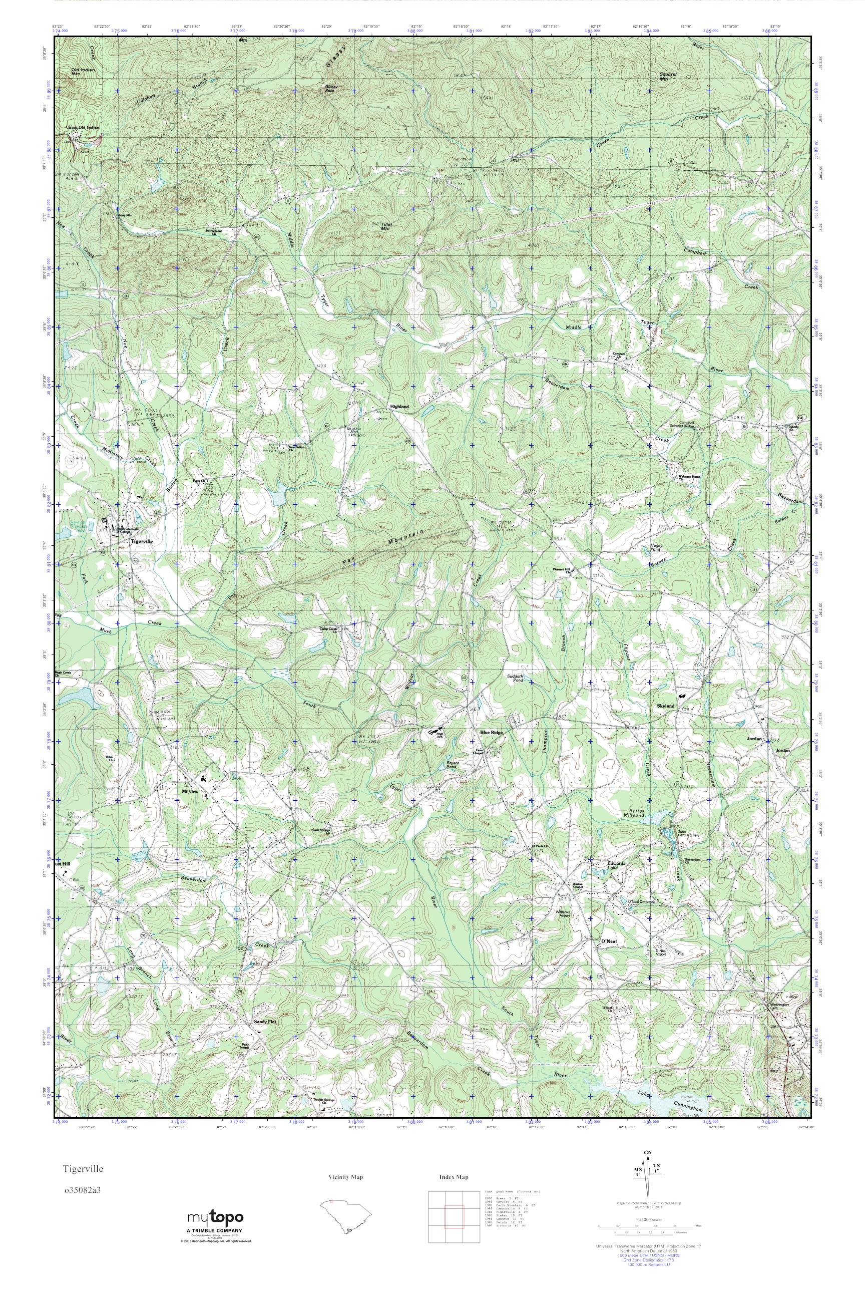 MyTopo Tigerville, South Carolina USGS Quad Topo Map