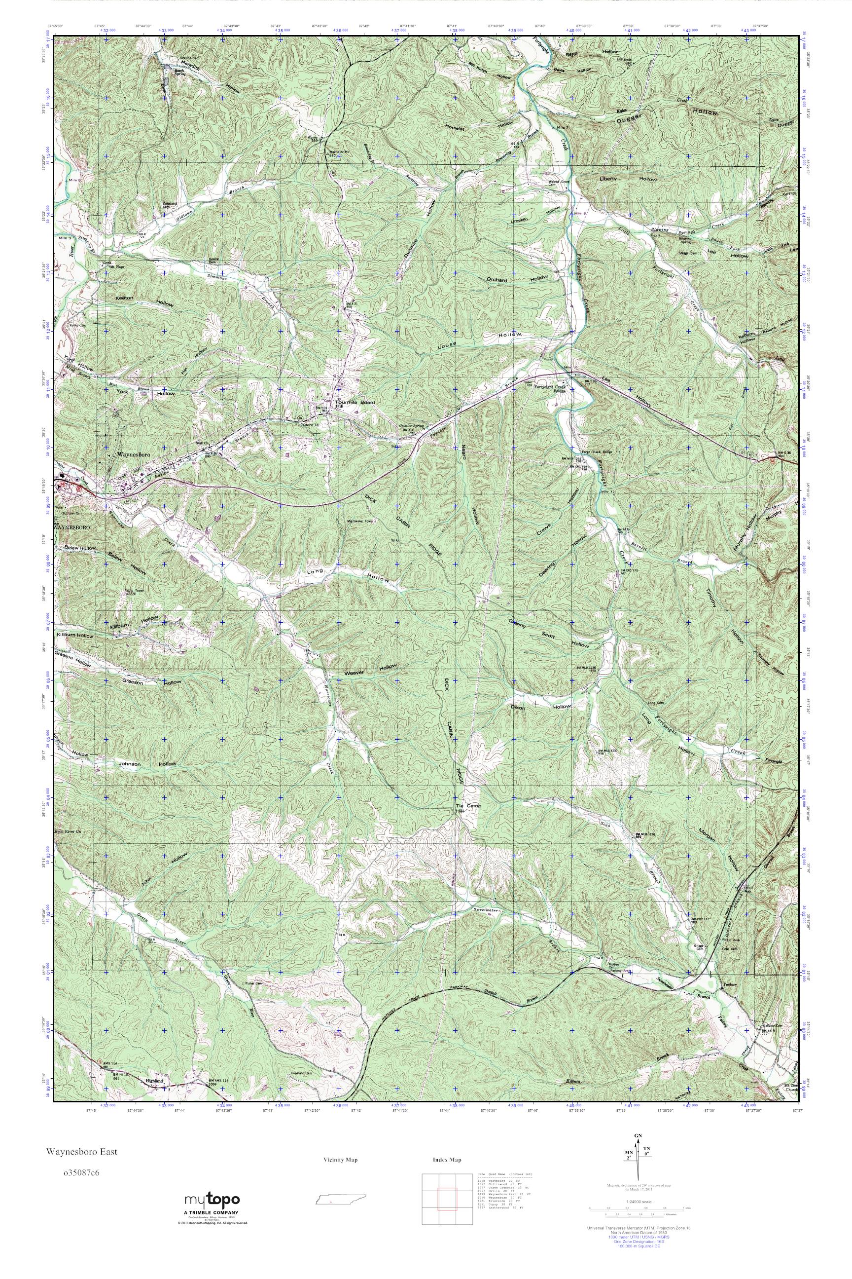 MyTopo Waynesboro East, Tennessee USGS Quad Topo Map