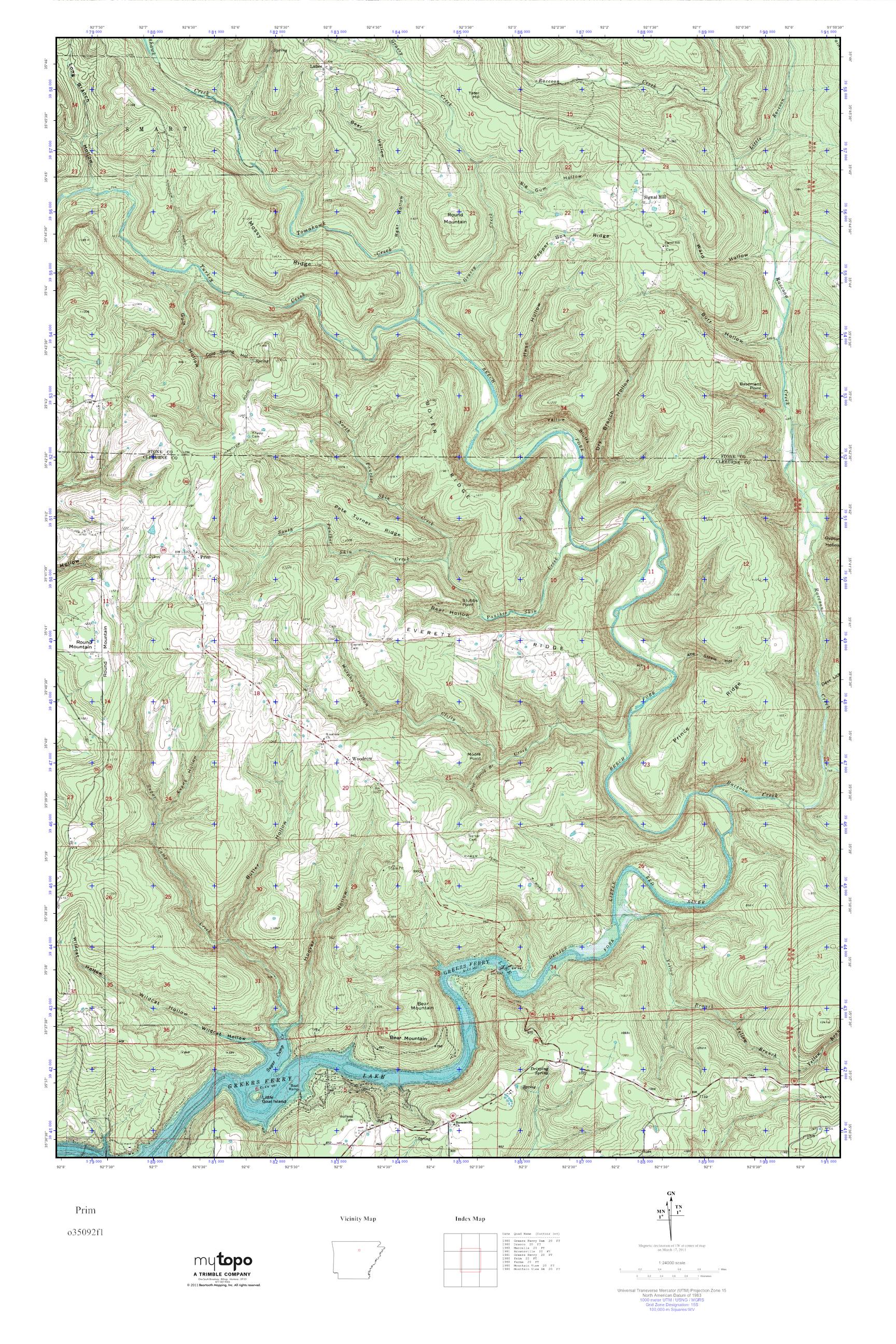MyTopo Prim, Arkansas USGS Quad Topo Map