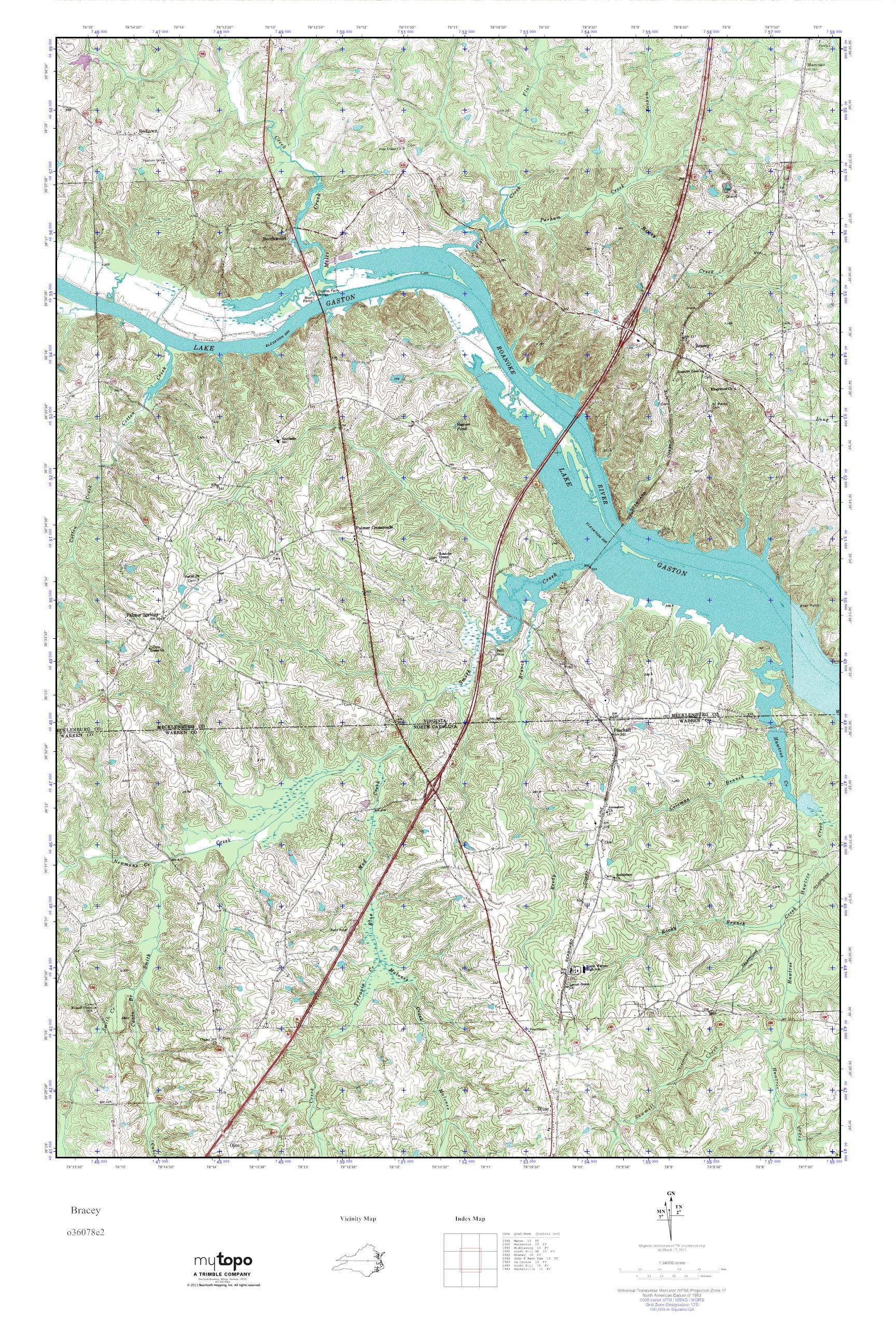 MyTopo Bracey, Virginia USGS Quad Topo Map