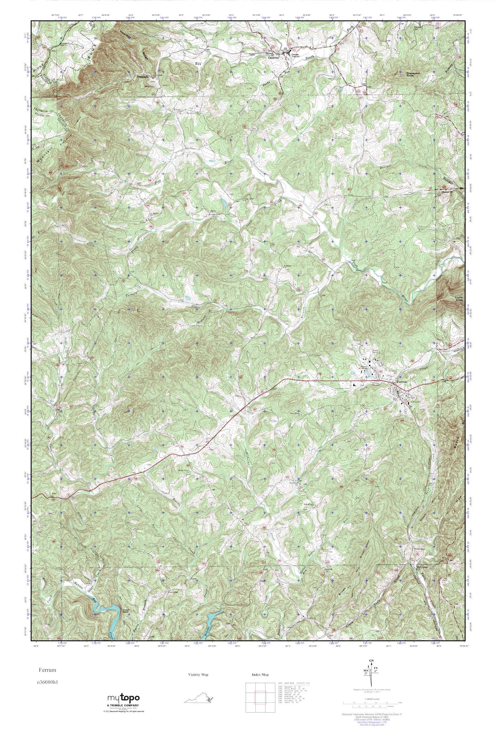 MyTopo Ferrum, Virginia USGS Quad Topo Map