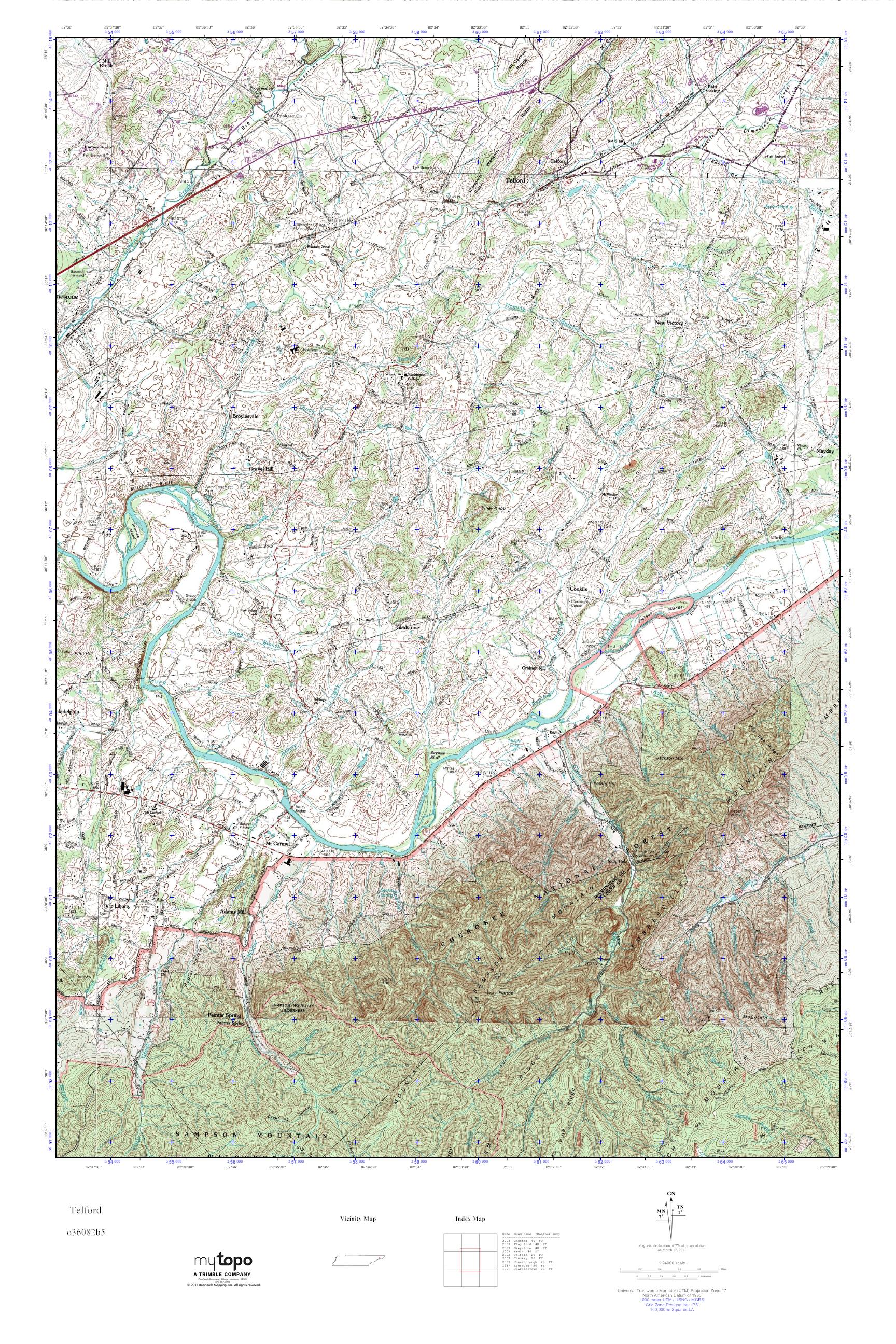 MyTopo Telford, Tennessee USGS Quad Topo Map