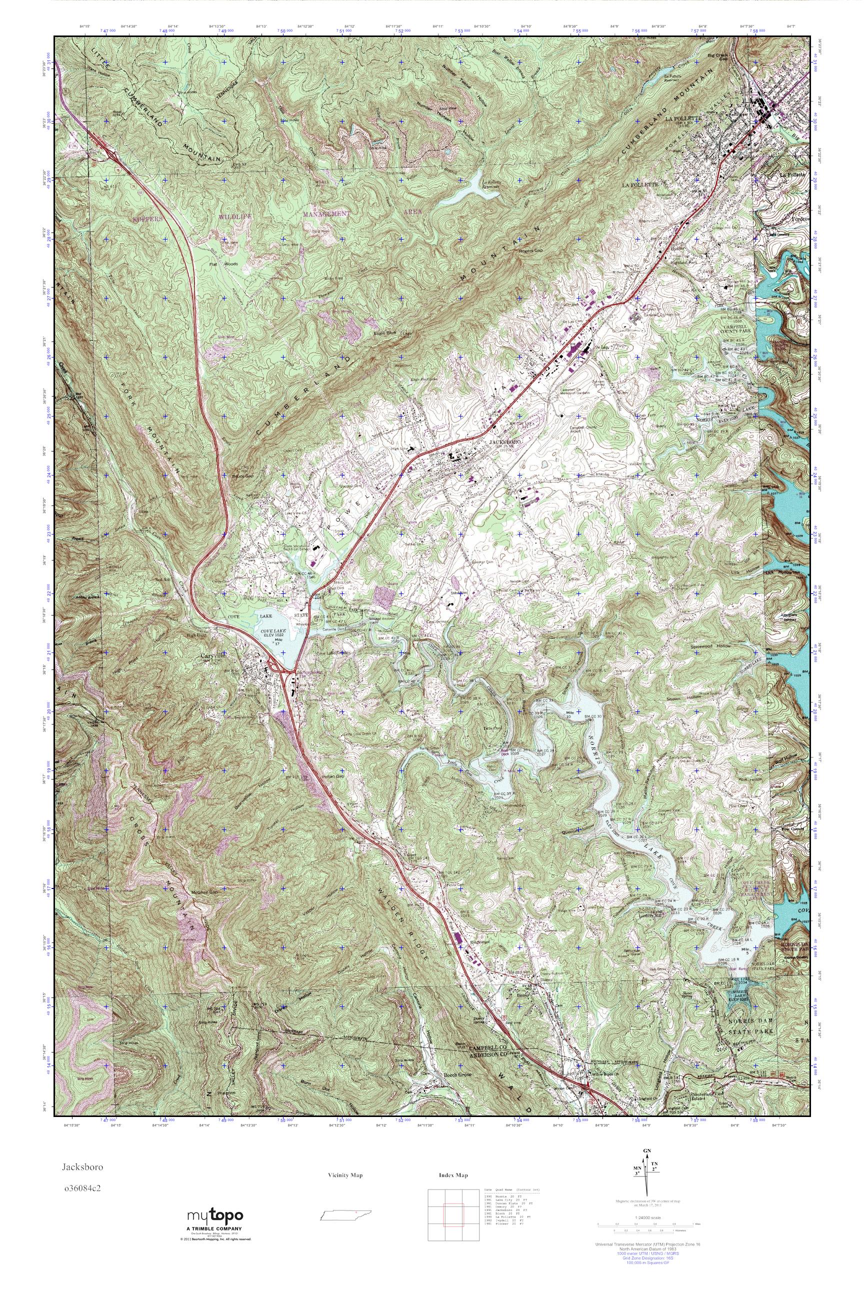 MyTopo Jacksboro, Tennessee USGS Quad Topo Map