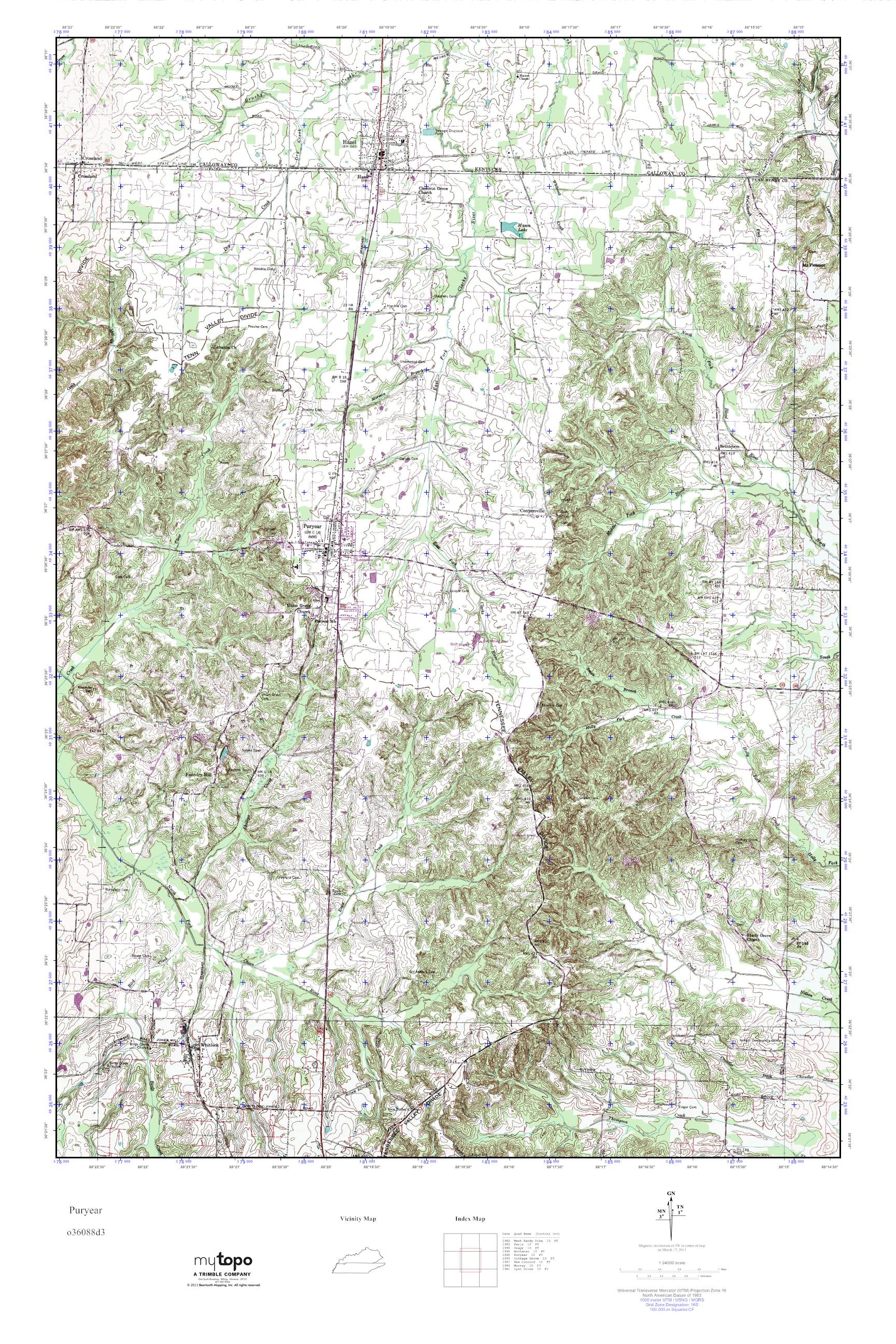 MyTopo Puryear, Tennessee USGS Quad Topo Map