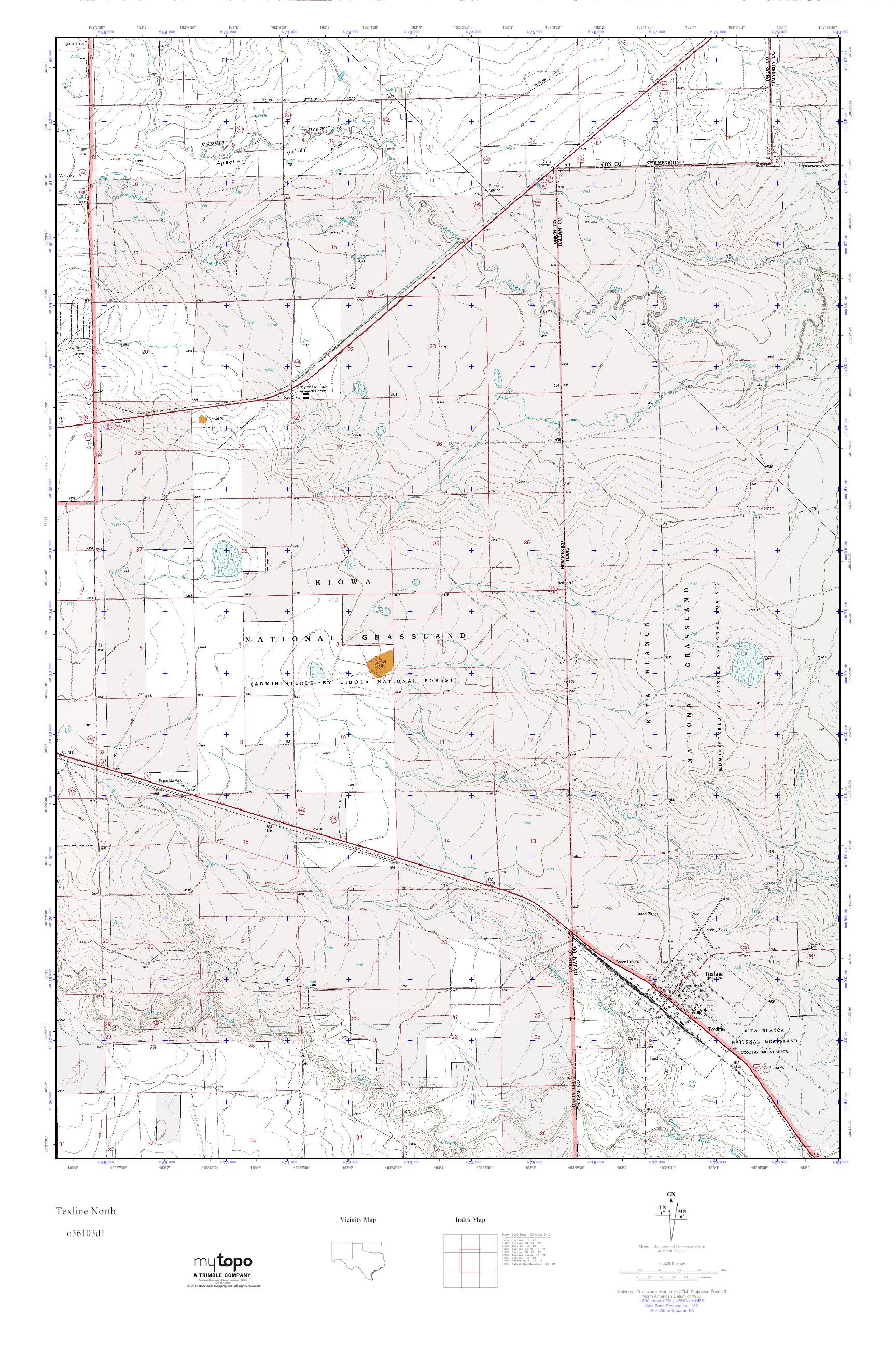 MyTopo Texline North, Texas USGS Quad Topo Map
