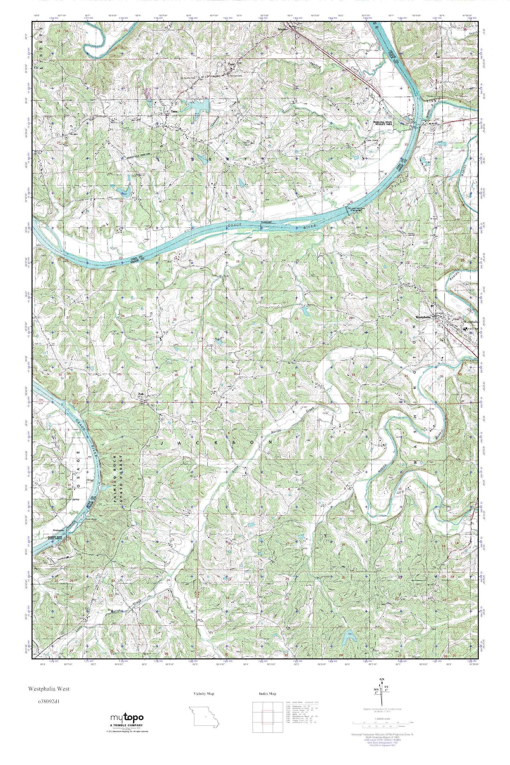 MyTopo Westphalia West, Missouri USGS Quad Topo Map