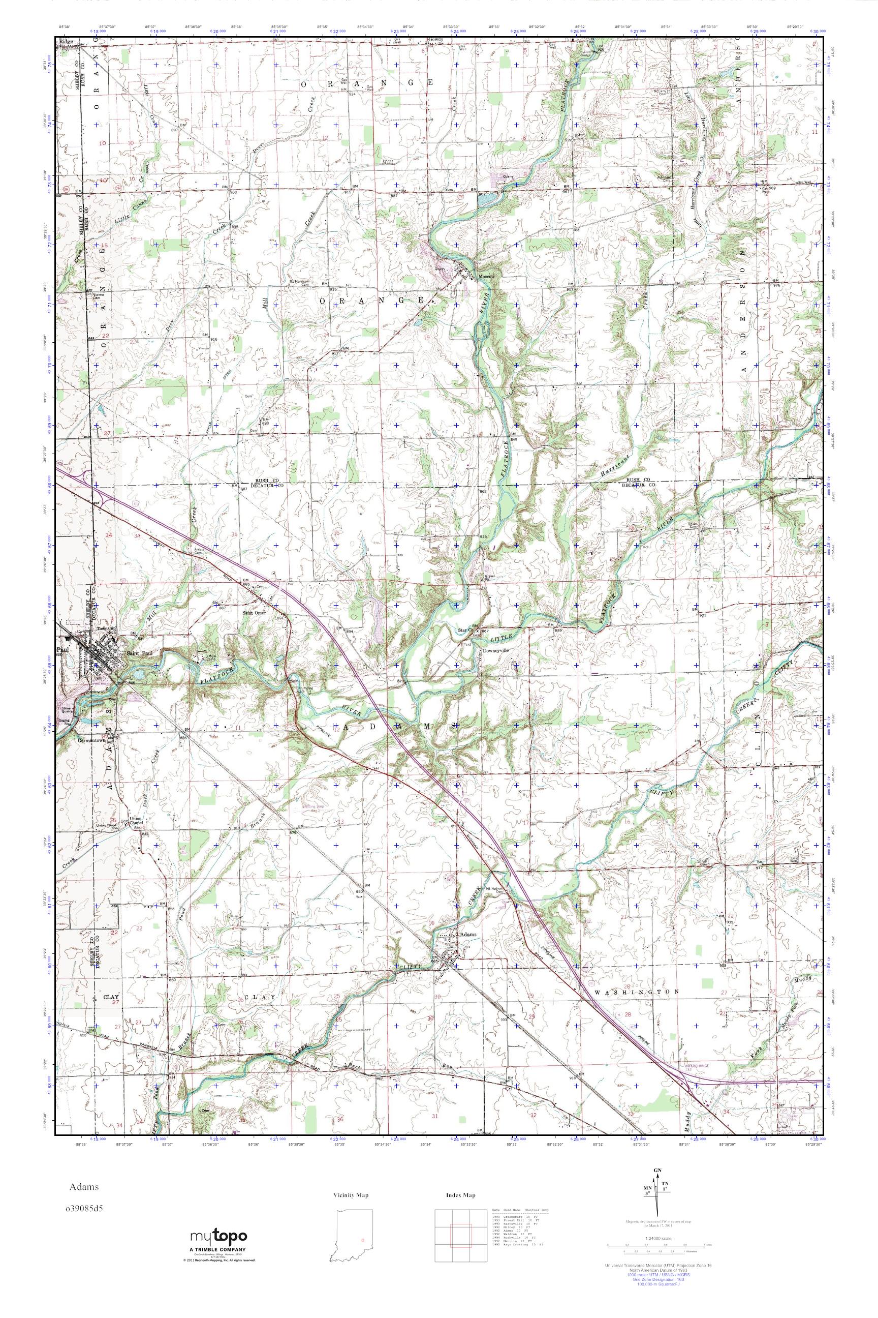 MyTopo Adams, Indiana USGS Quad Topo Map