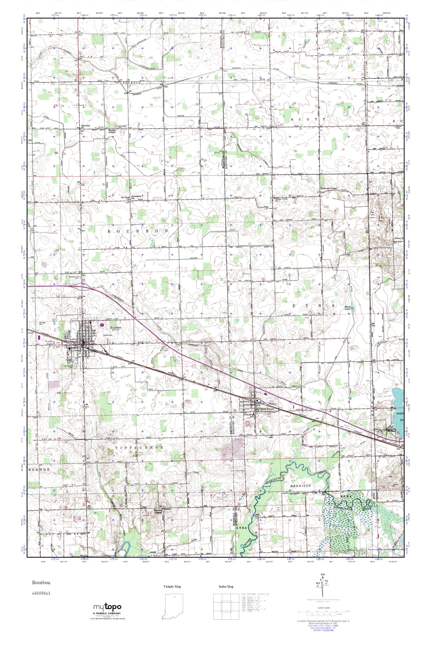 MyTopo Bourbon, Indiana USGS Quad Topo Map