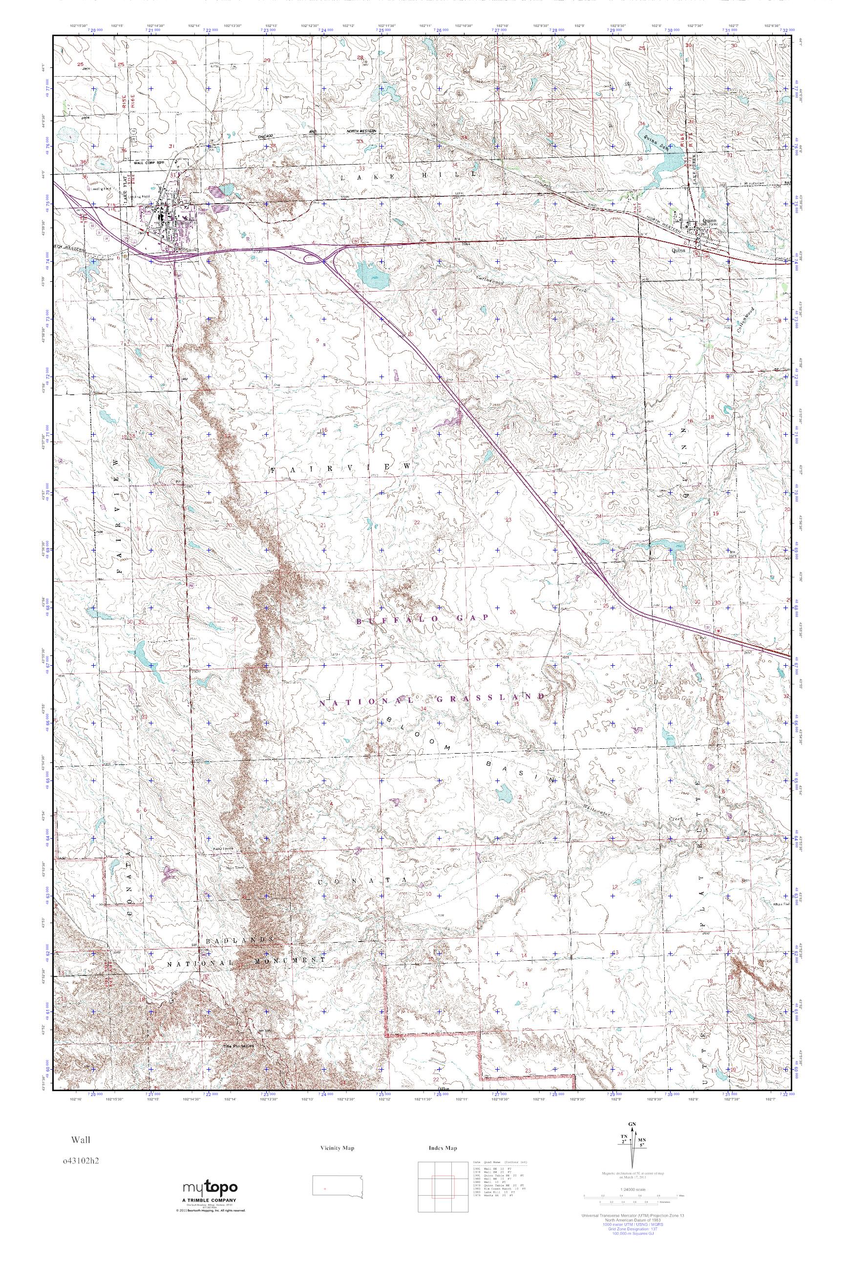 MyTopo Wall, South Dakota USGS Quad Topo Map