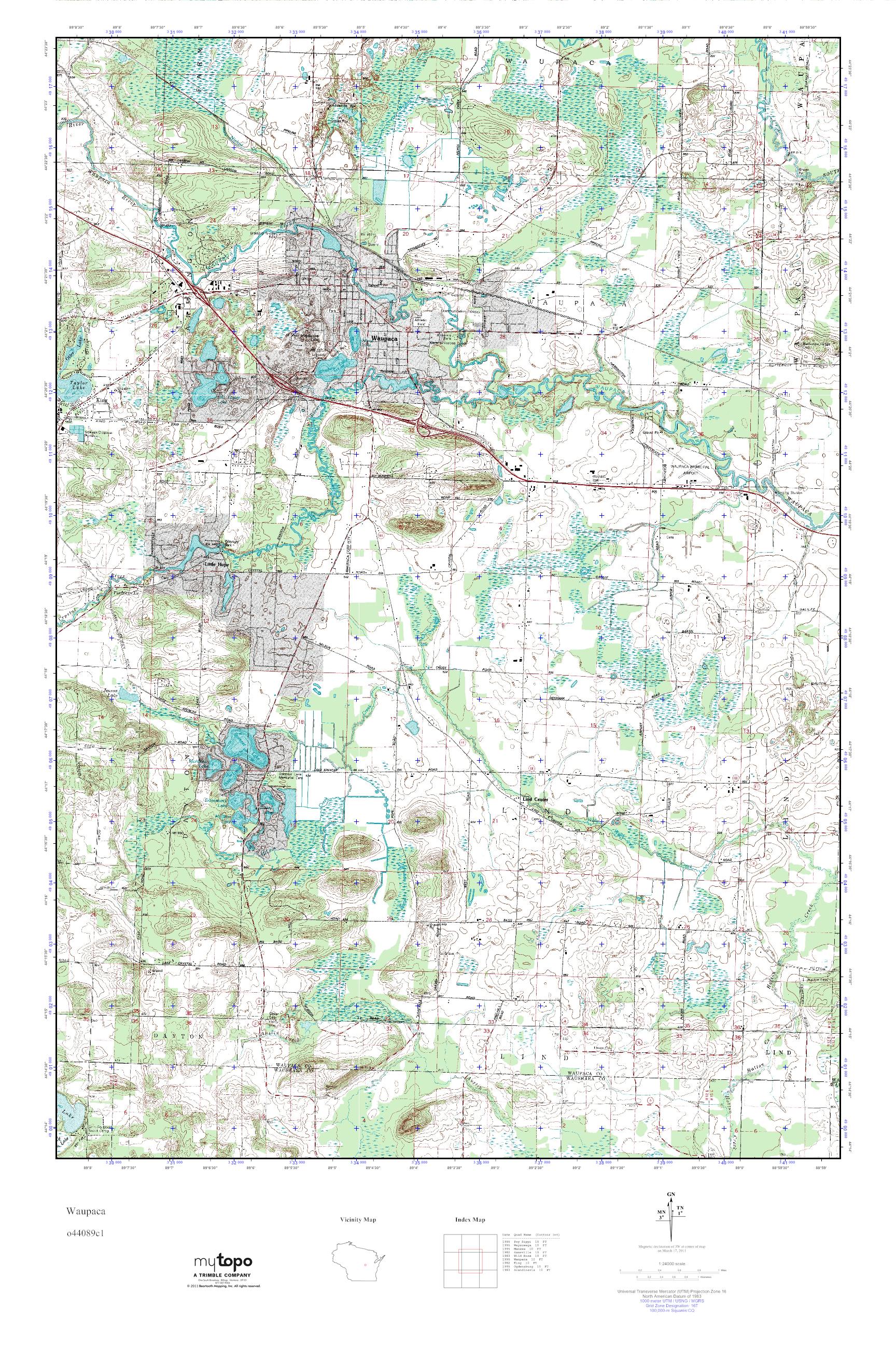 MyTopo Waupaca, Wisconsin USGS Quad Topo Map