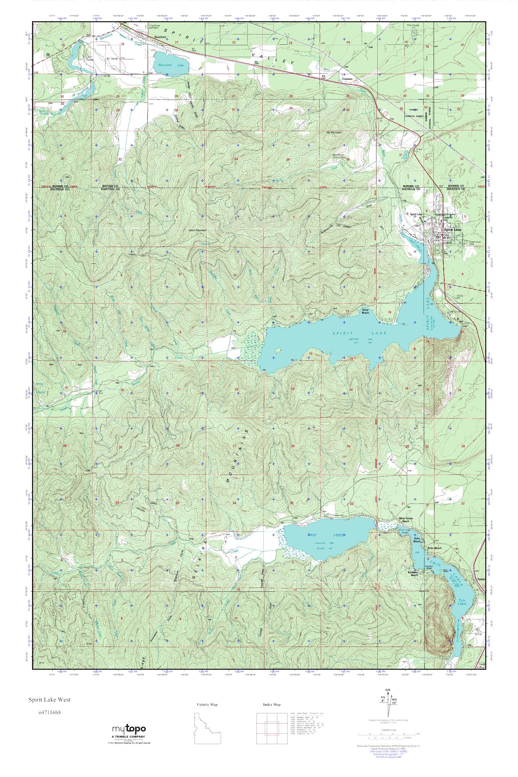 MyTopo Spirit Lake West, Idaho USGS Quad Topo Map