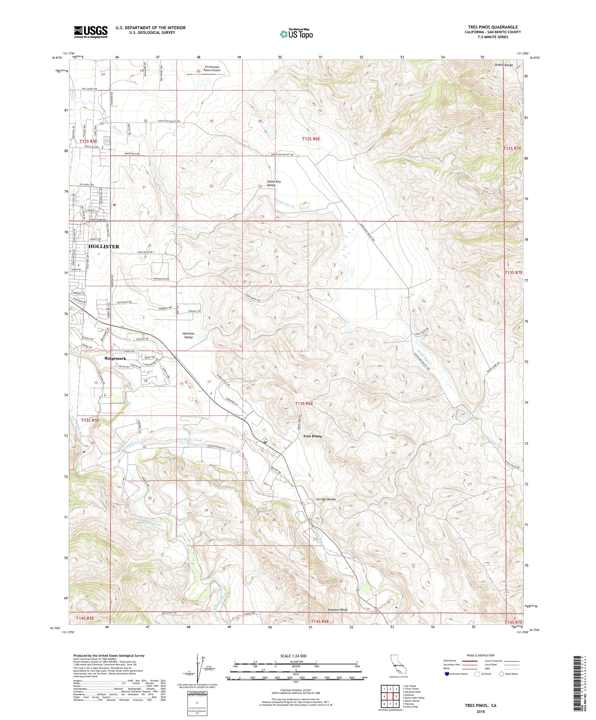MyTopo Tres Pinos, California USGS Quad Topo Map