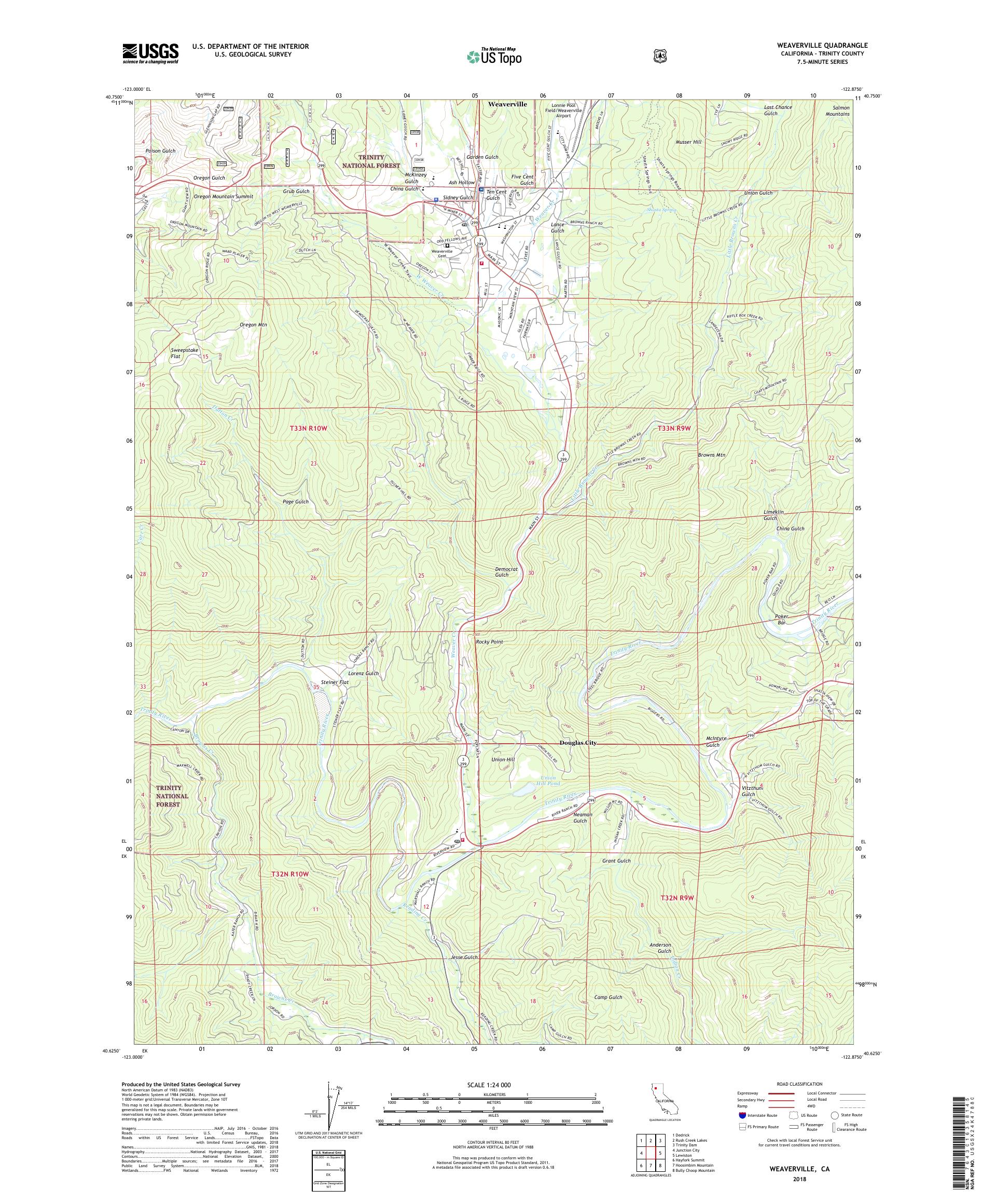 MyTopo Weaverville, California USGS Quad Topo Map