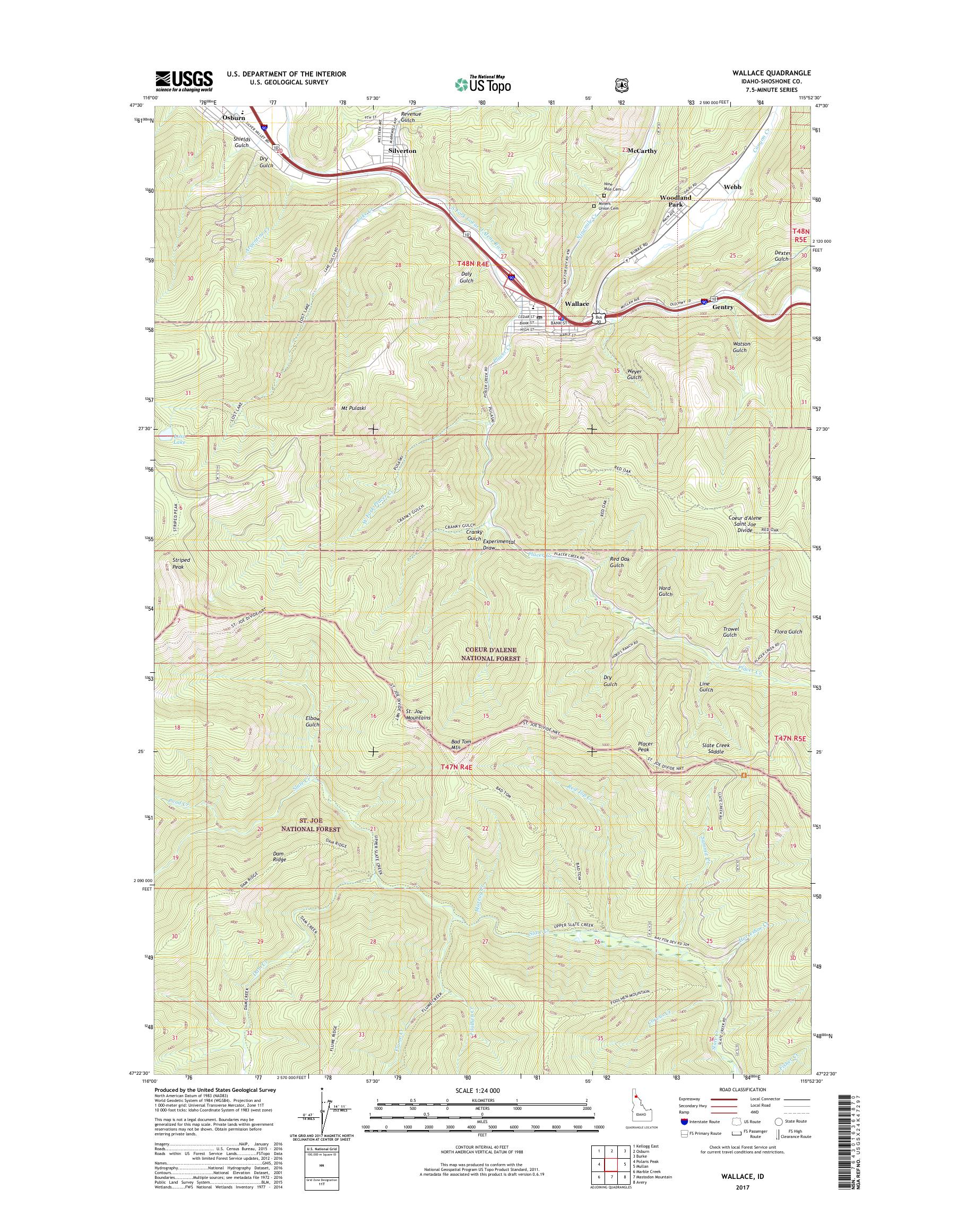 MyTopo Wallace, Idaho USGS Quad Topo Map