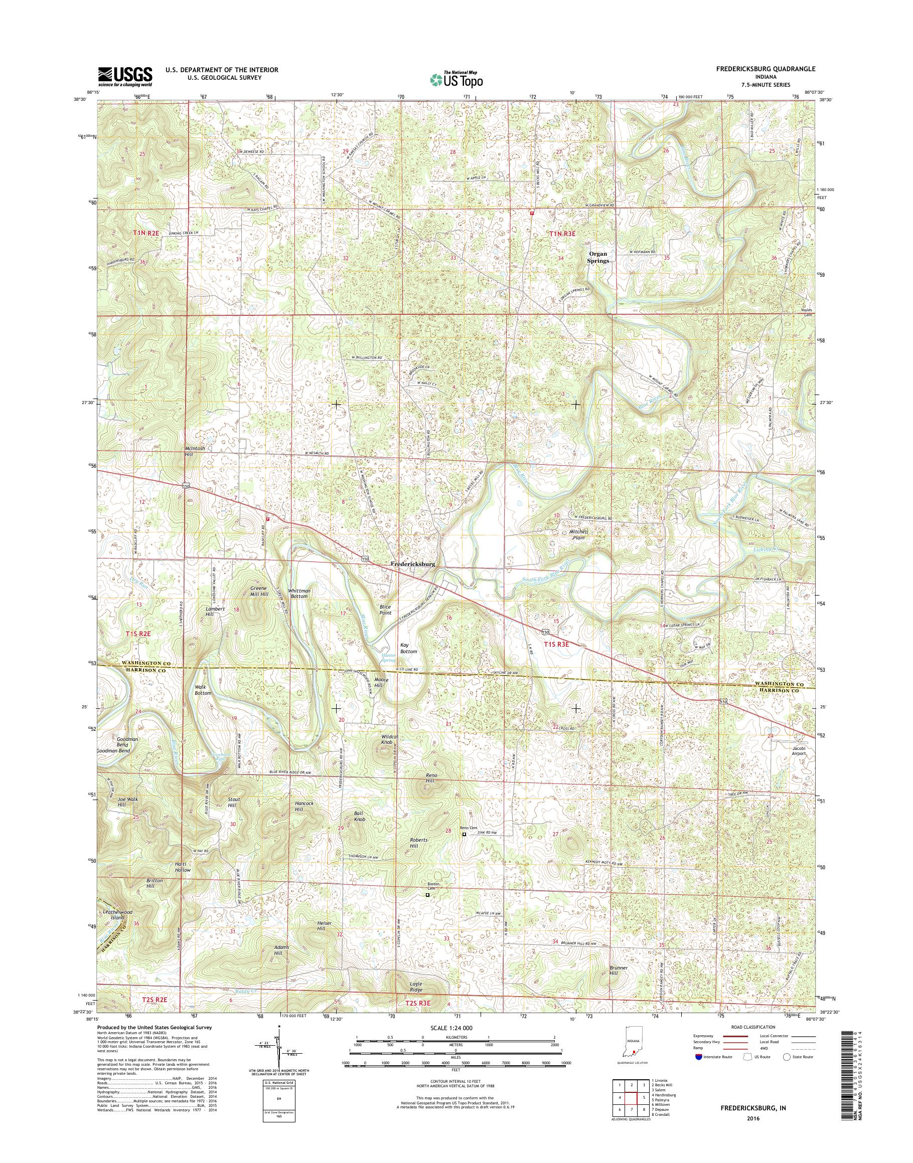 MyTopo Fredericksburg, Indiana USGS Quad Topo Map