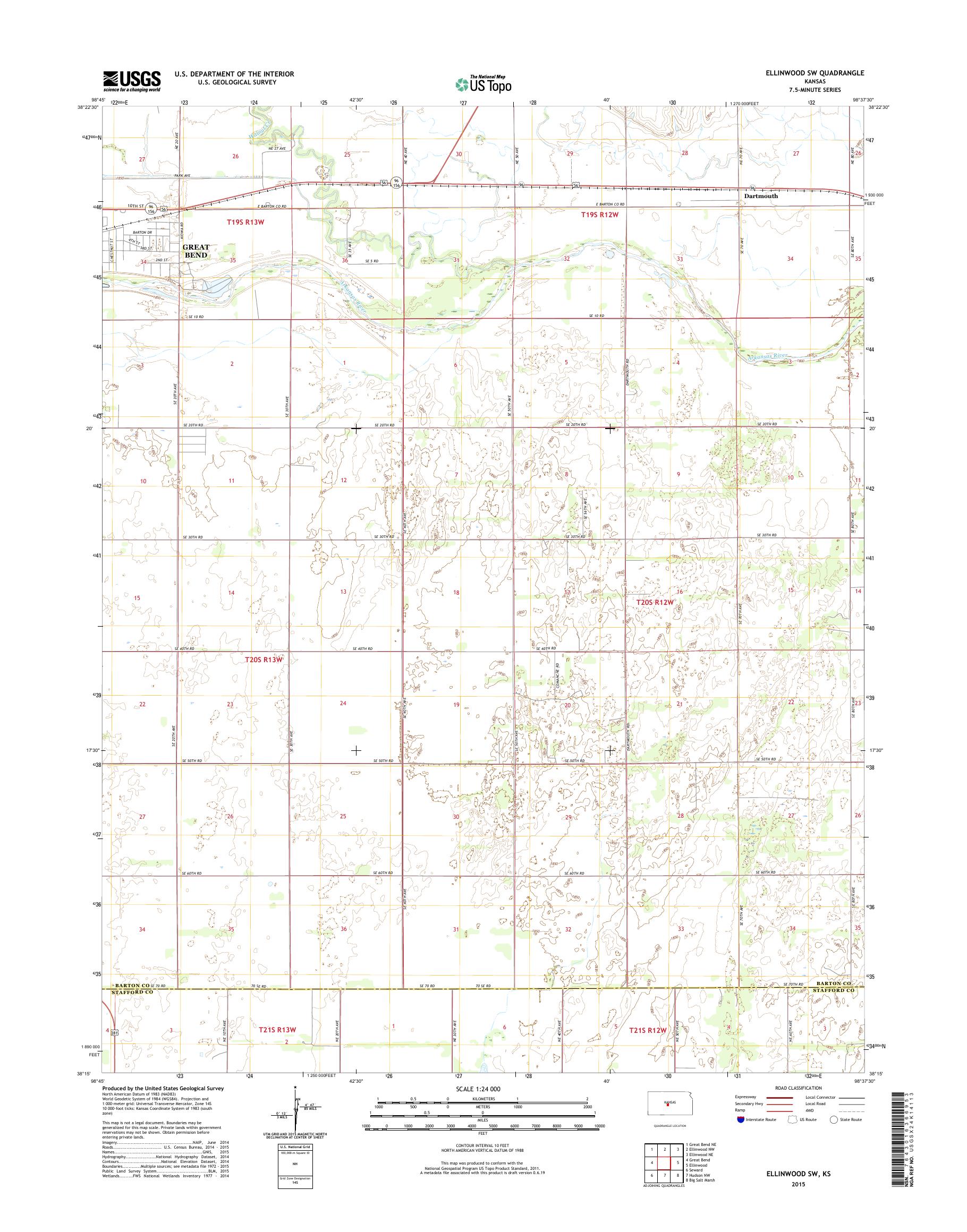 MyTopo Ellinwood SW, Kansas USGS Quad Topo Map