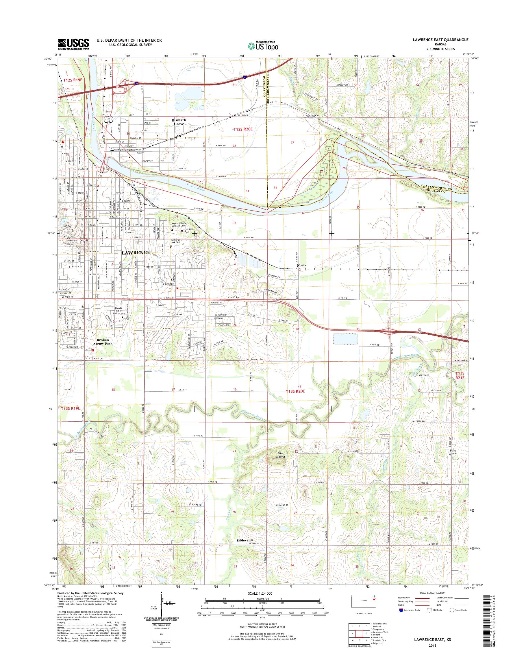 MyTopo Lawrence East, Kansas USGS Quad Topo Map