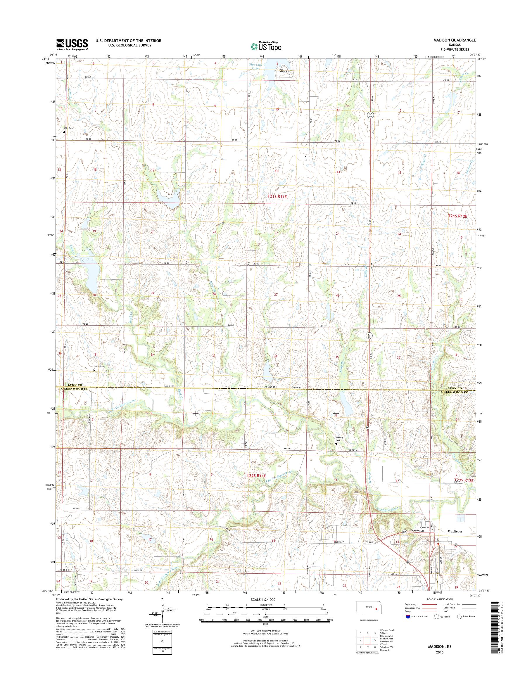 MyTopo Madison, Kansas USGS Quad Topo Map