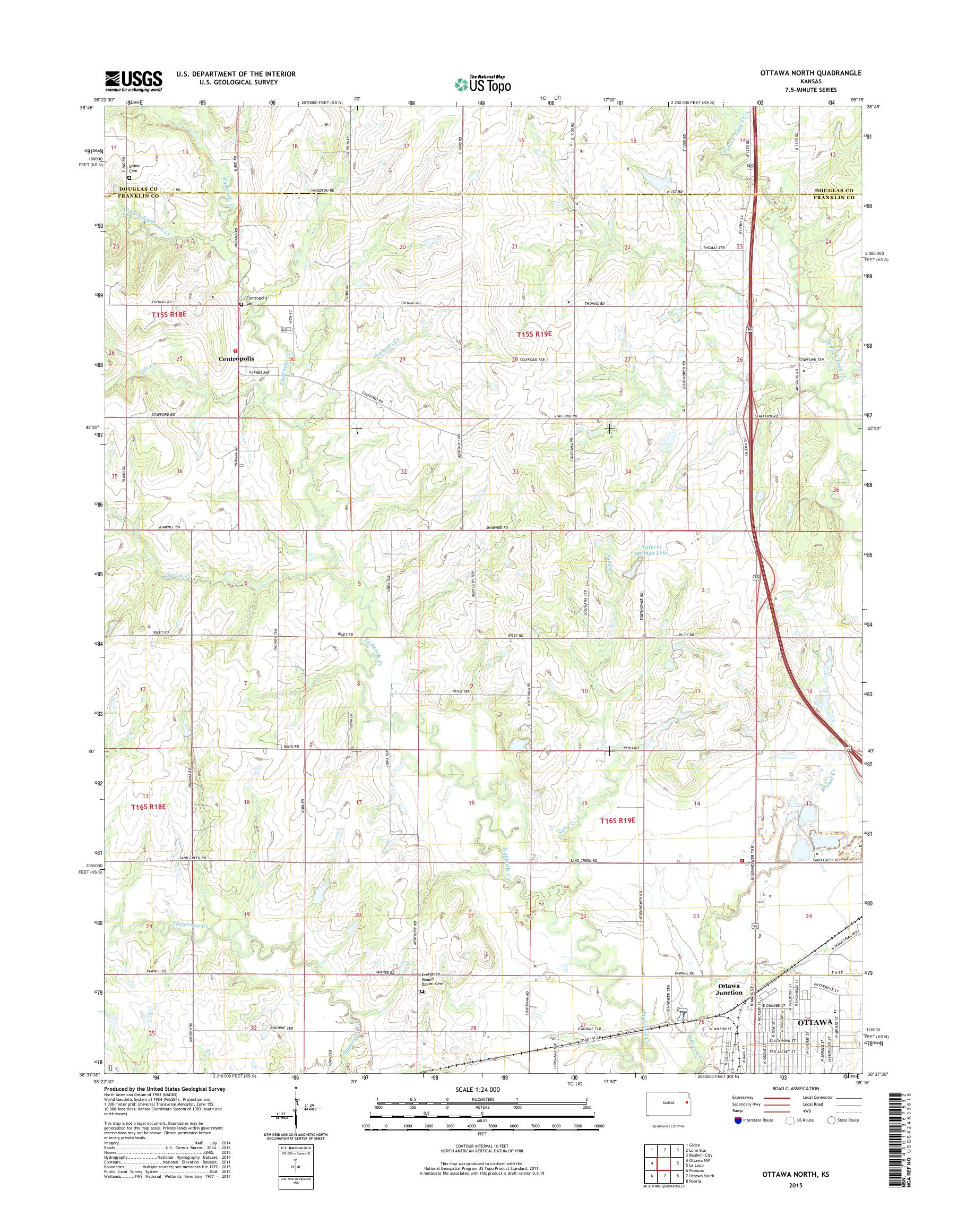 MyTopo Ottawa North, Kansas USGS Quad Topo Map