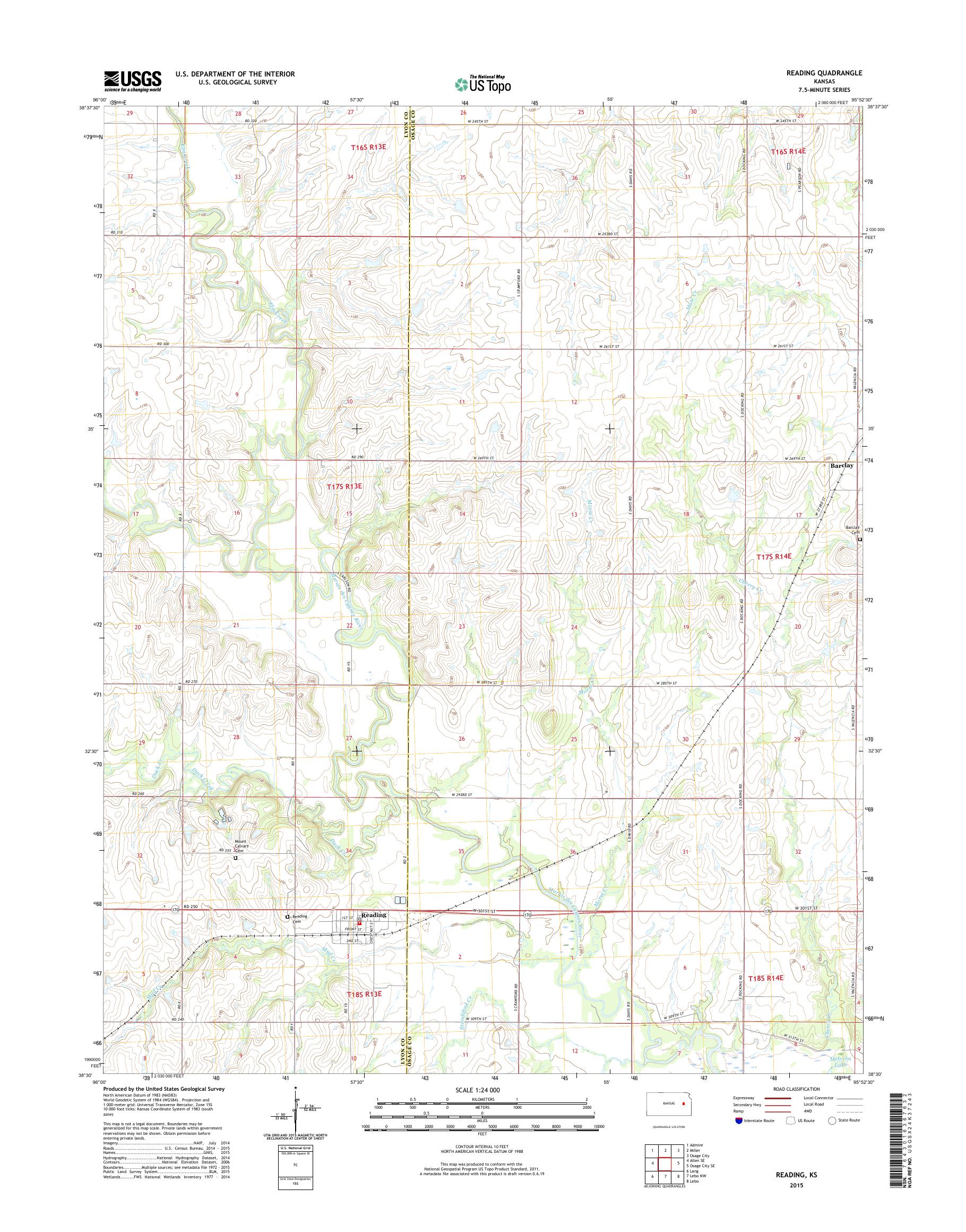 MyTopo Reading, Kansas USGS Quad Topo Map