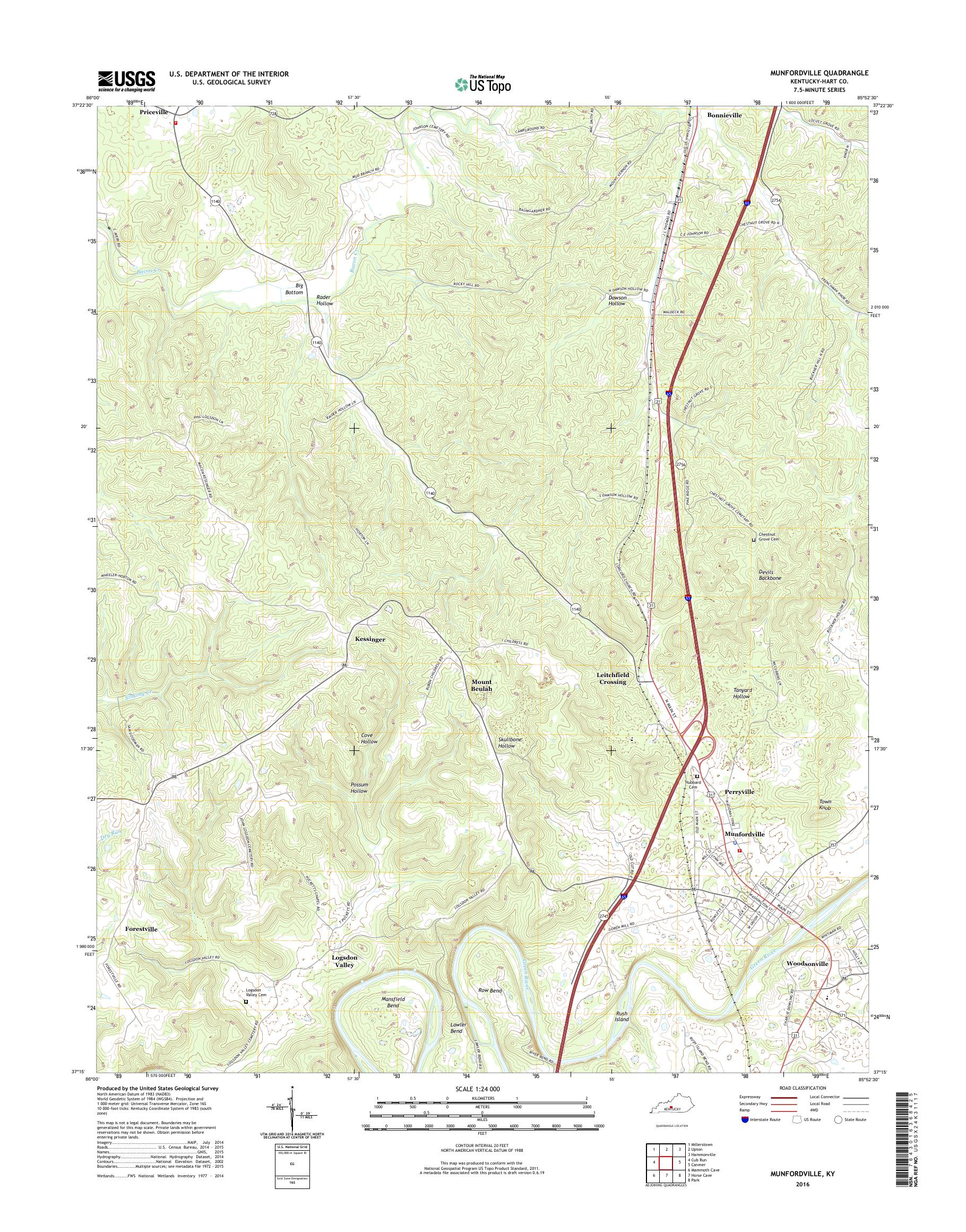 MyTopo Munfordville, Kentucky USGS Quad Topo Map