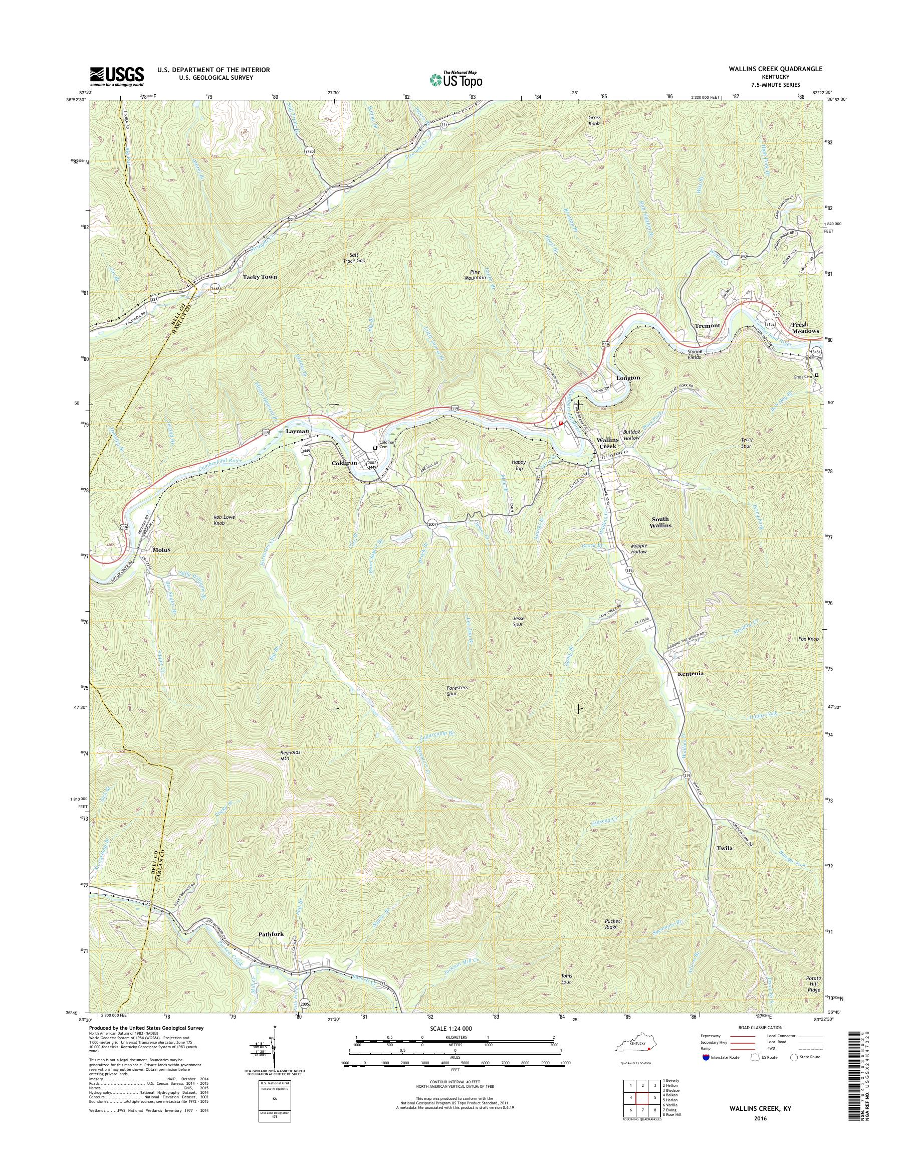 MyTopo Wallins Creek, Kentucky USGS Quad Topo Map